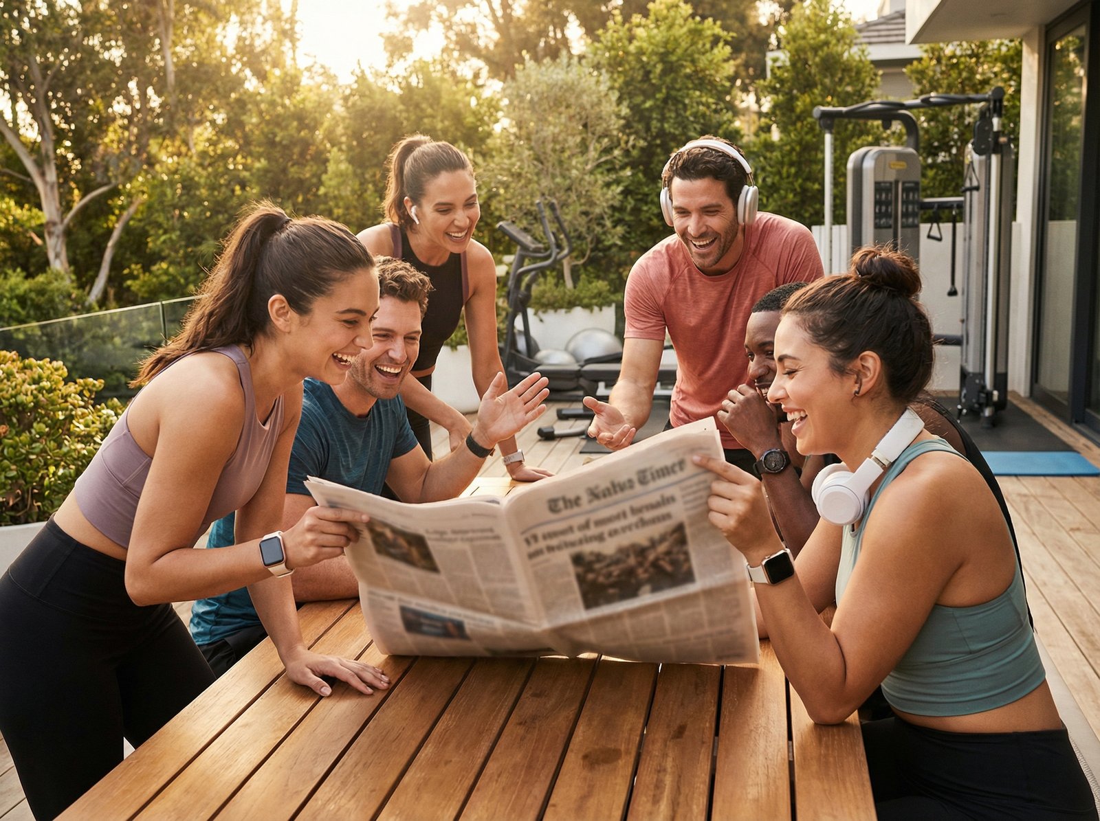 Apple Fitness+ users reading a newspaper with headlines about "something big coming in 2026", energetic and dynamic, modern fitness context, warm lighting, natural setting, 4:3 aspect ratio, no visible text