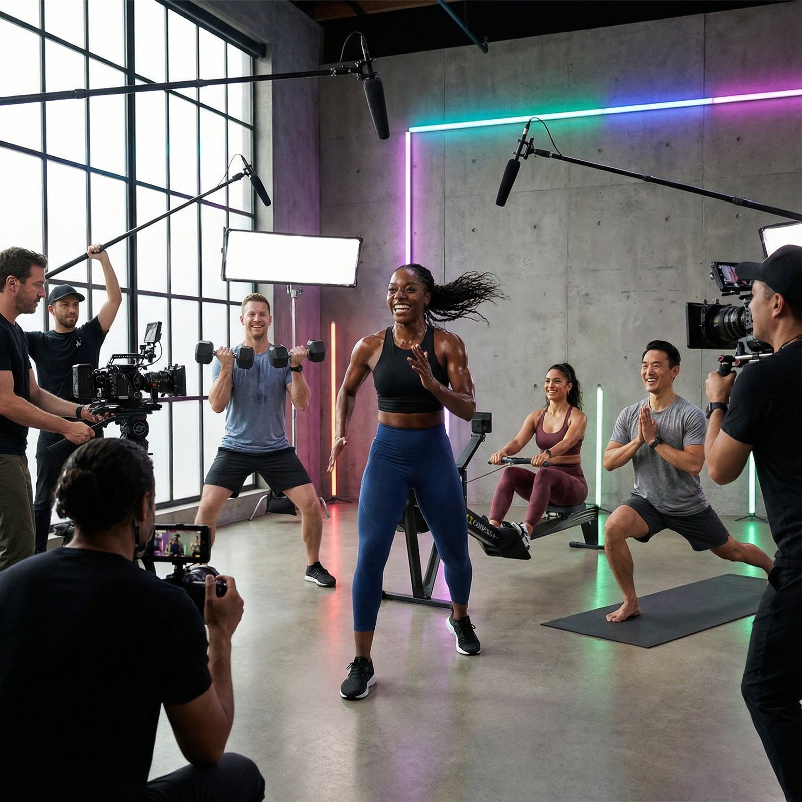 Diverse group of Apple Fitness+ trainers in a modern studio, actively filming new fitness content, energetic and vibrant, high contrast, no visible text, 1:1 aspect ratio