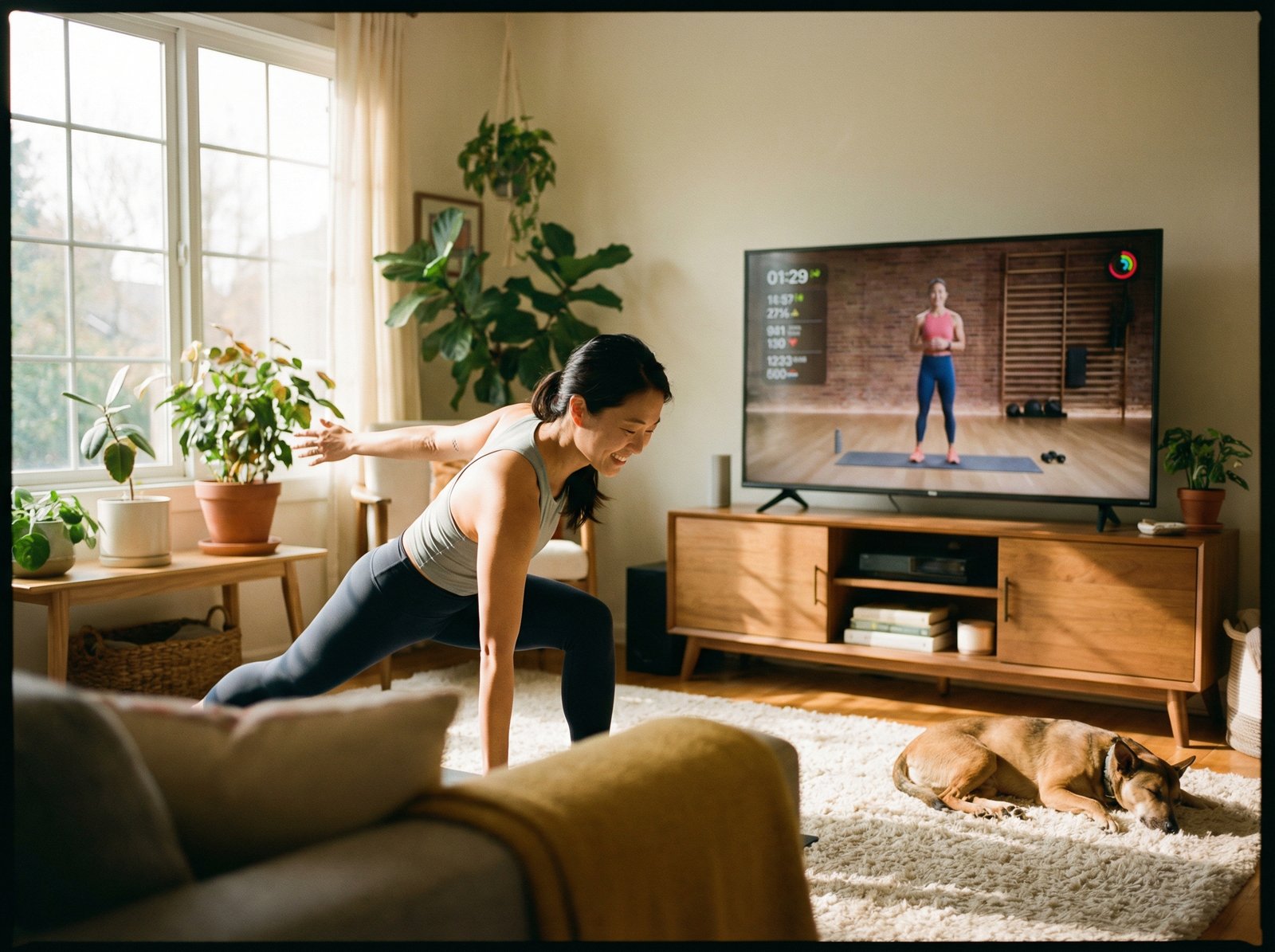 Lifestyle photography of a Korean woman exercising at home, guided by Apple Fitness+ on a TV screen, warm lighting, natural setting, no visible text, 4:3 aspect ratio.
