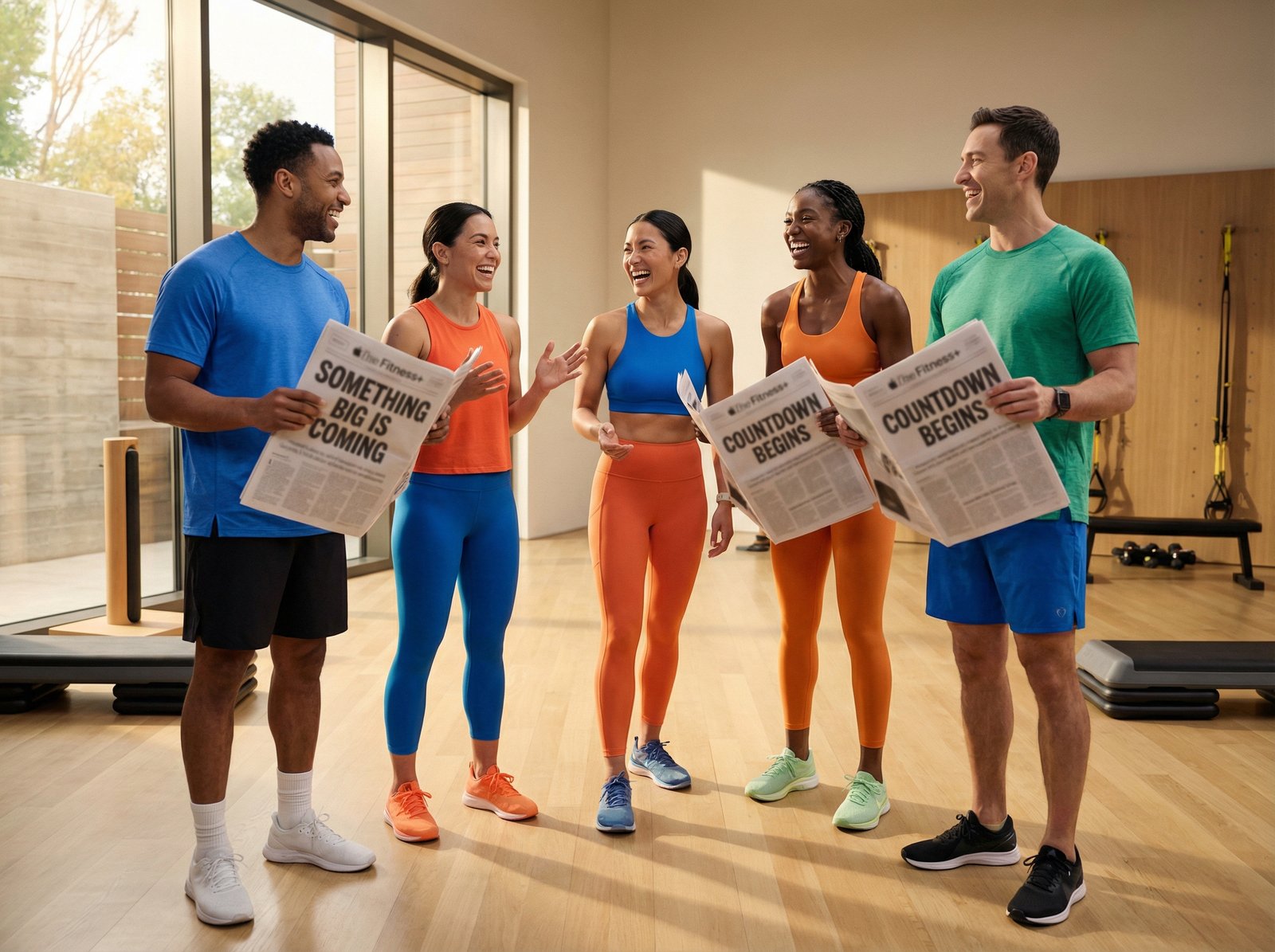Apple Fitness+ trainers enthusiastically holding newspapers with headlines like 'Something Big is Coming', 'Countdown Begins' in a clean and modern studio setting. Colors are bright and motivating. no visible text, aspect ratio 4:3