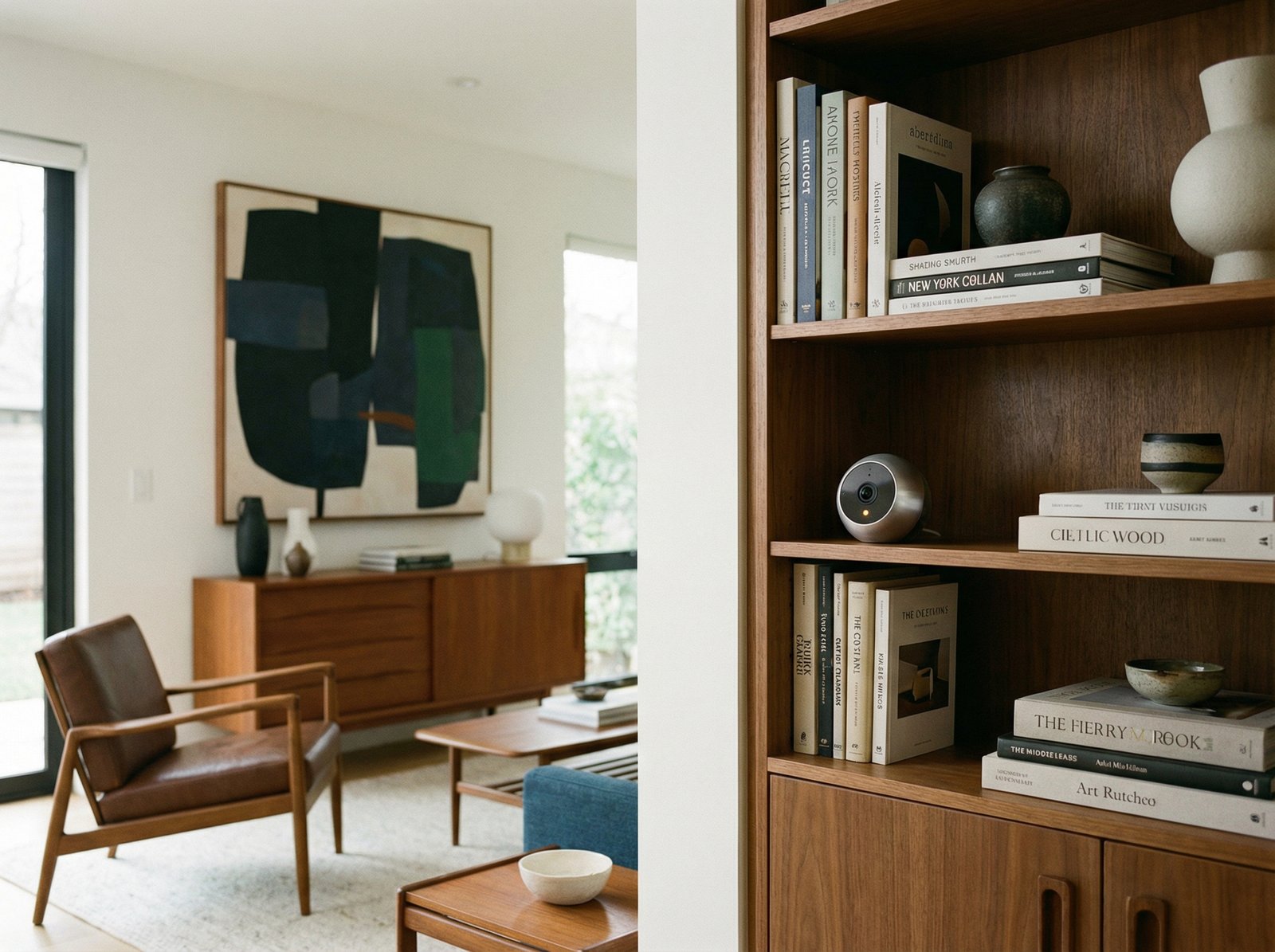 A discreet, modern security camera mounted in a stylish living room. Focus on its elegant design and subtle presence. A small, subtle indicator light or graphic suggesting monitoring. No visible text. Aspect ratio 4:3.