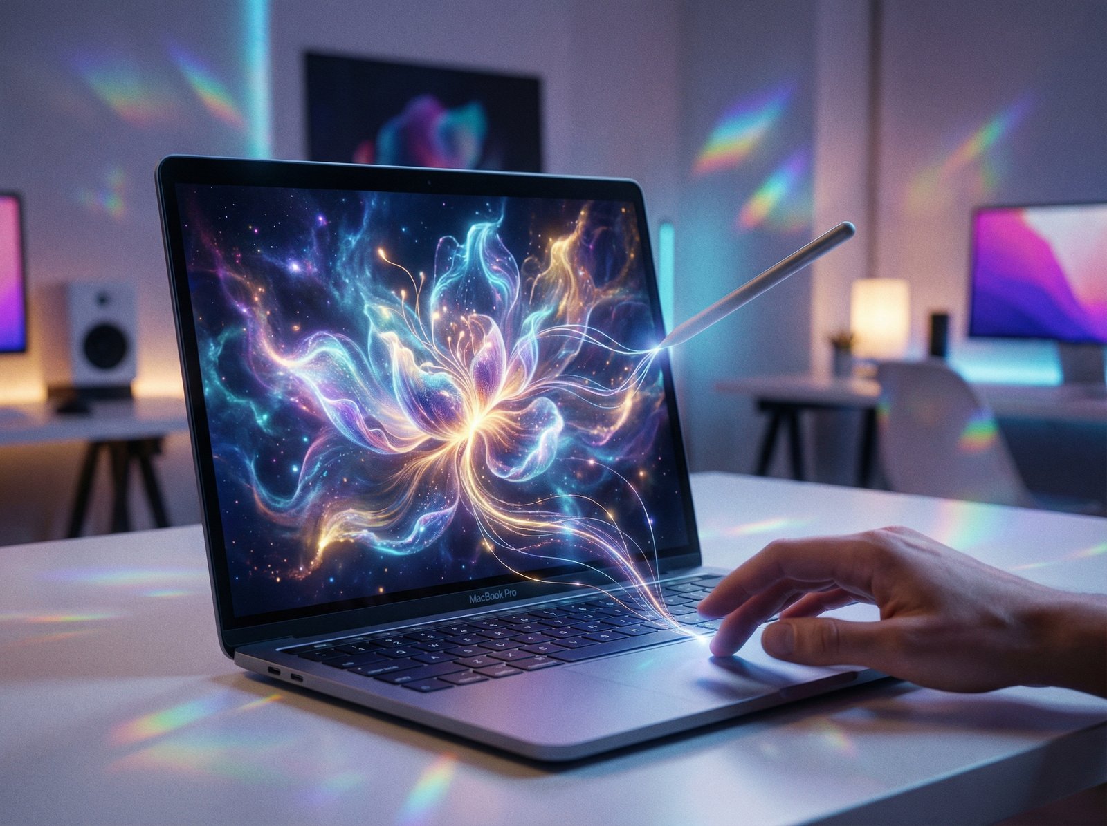 A glowing, abstract representation of AI assisting creative work on a MacBook screen, showing an image being generated with subtle light effects, futuristic, modern aesthetic, no visible text, aspect ratio 4:3