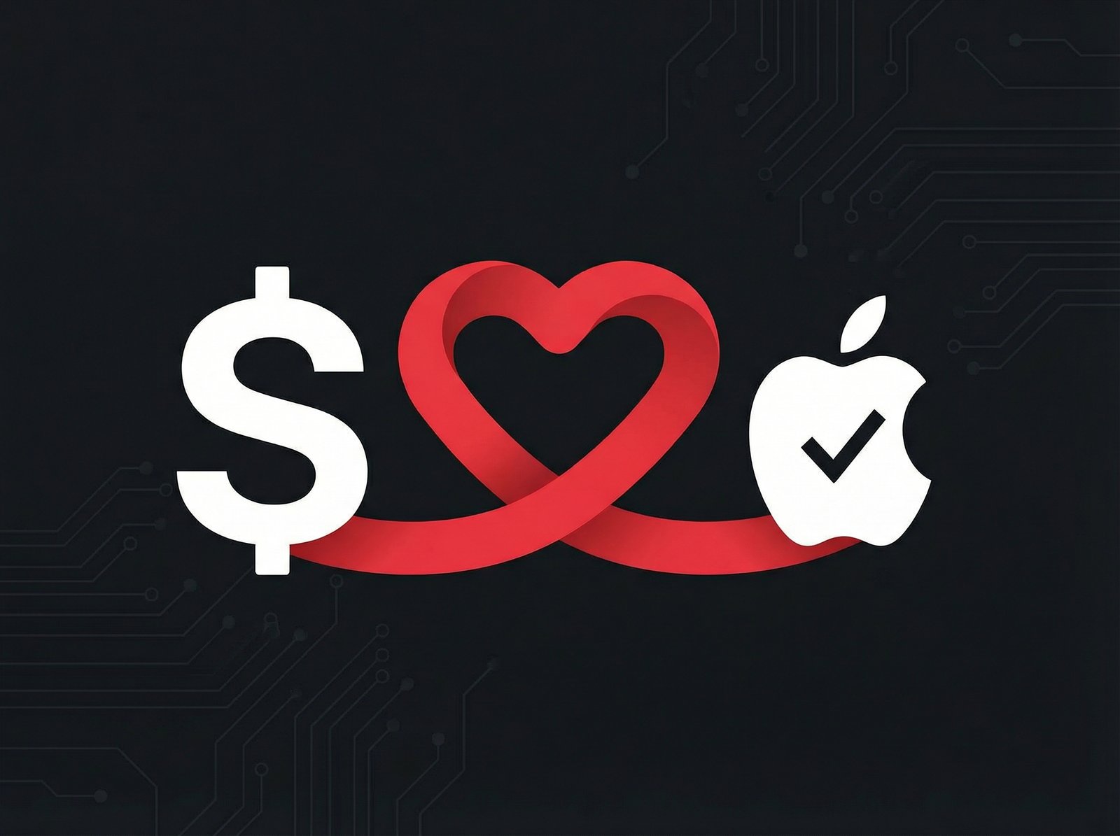 A visually appealing infographic showing a dollar sign and an Apple Pay logo merging into a red ribbon symbol, representing a donation for AIDS fight. Clean, modern layout, high contrast, no visible text, 4:3 aspect ratio.