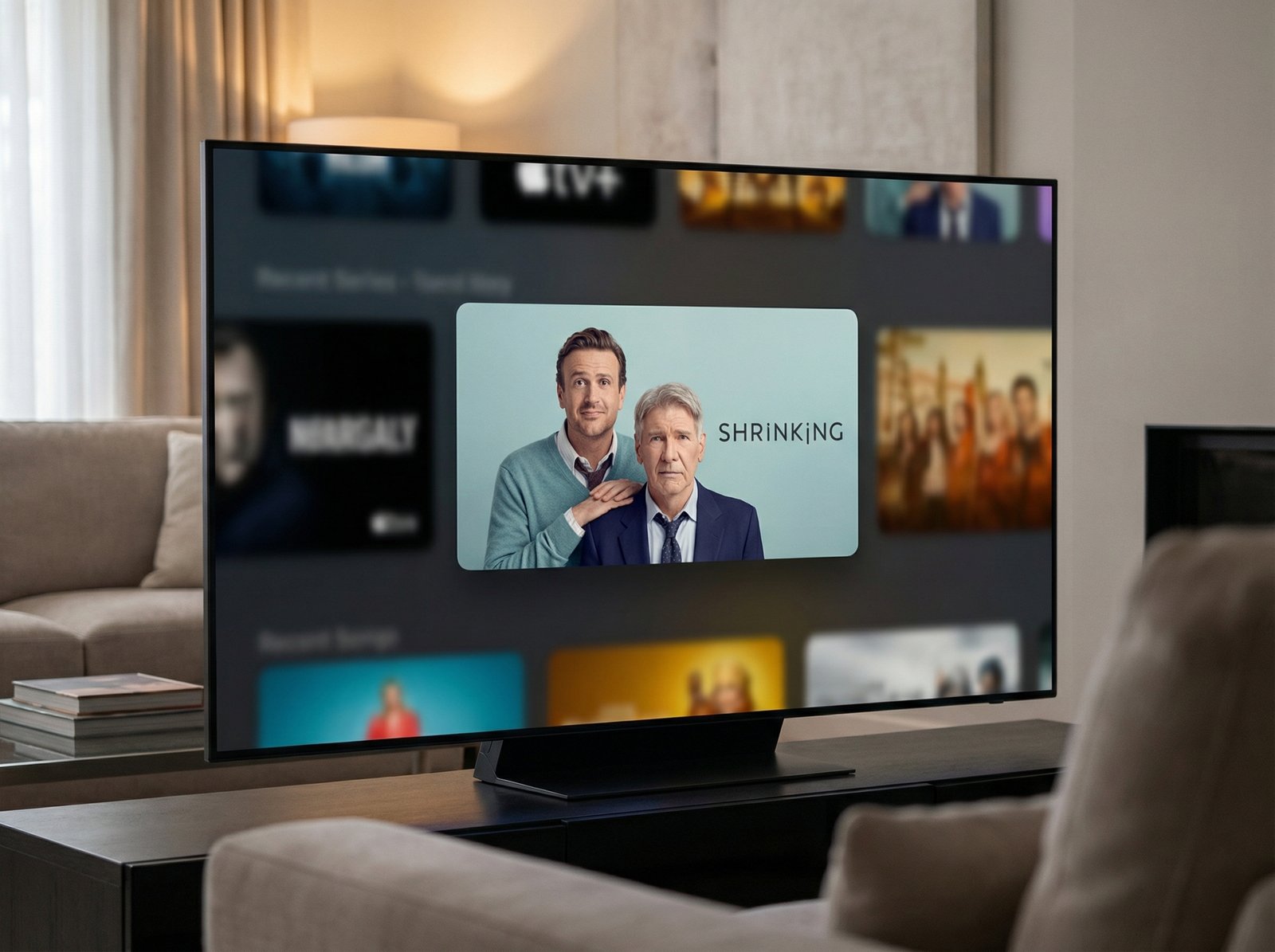 A sleek, modern TV screen displaying the Apple TV+ interface, with a clear focus on the "Shrinking" series thumbnail. The background shows a comfortable living room setup, suggesting home entertainment. Informational style, high contrast, modern layout, no visible text, aspect ratio 4:3.