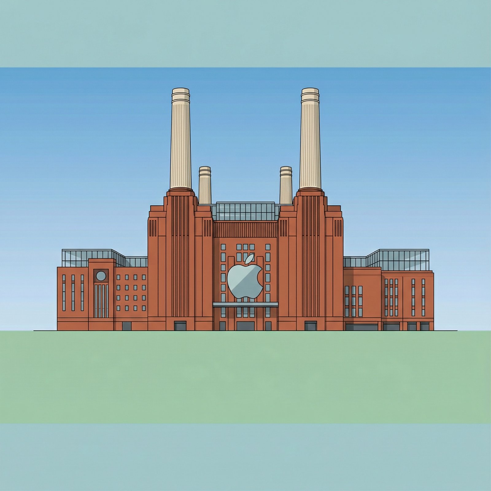 Apple UK headquarters in Battersea Power Station in London, a modern building with a distinct architectural style. Clear sky, daytime, informational style, colored background, centered focus, no visible text, 1:1 aspect ratio.
