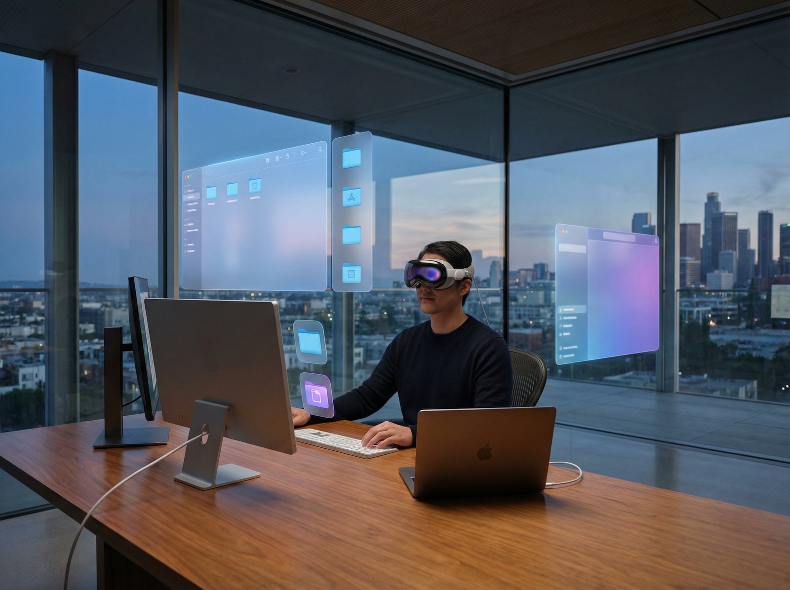 A person wearing an Apple Vision Pro headset, looking at a virtual Mac desktop extended around them in a mixed reality environment. The scene emphasizes futuristic productivity and seamless integration between devices. aspect ratio 4:3, no visible text, no Korean text