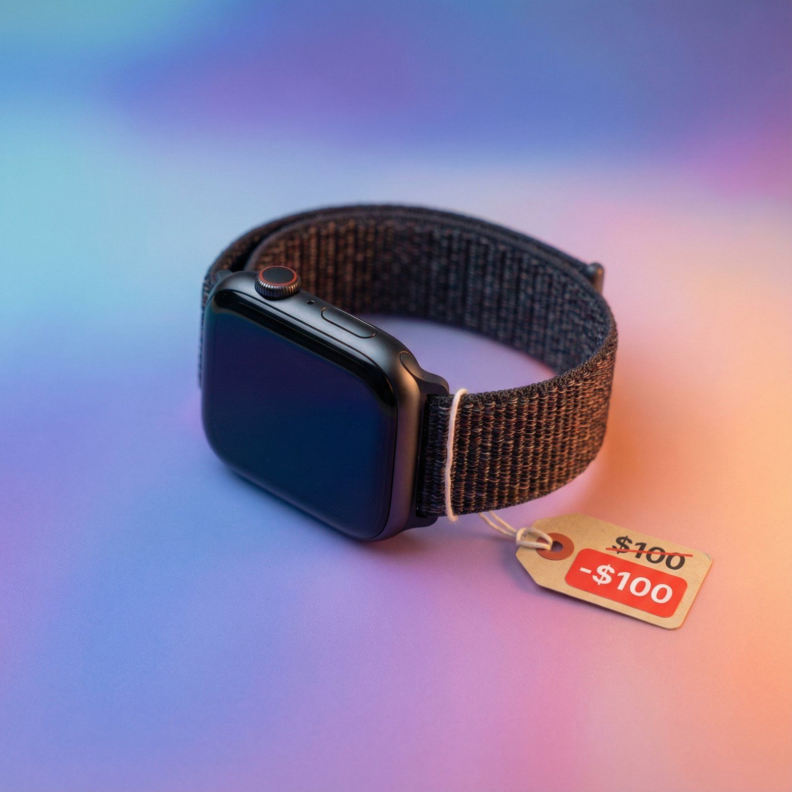 An Apple Watch Series 11 with a price tag showing a discount of $100. The watch is on a modern, gradient background with soft lighting, no visible text, aspect ratio 1:1.