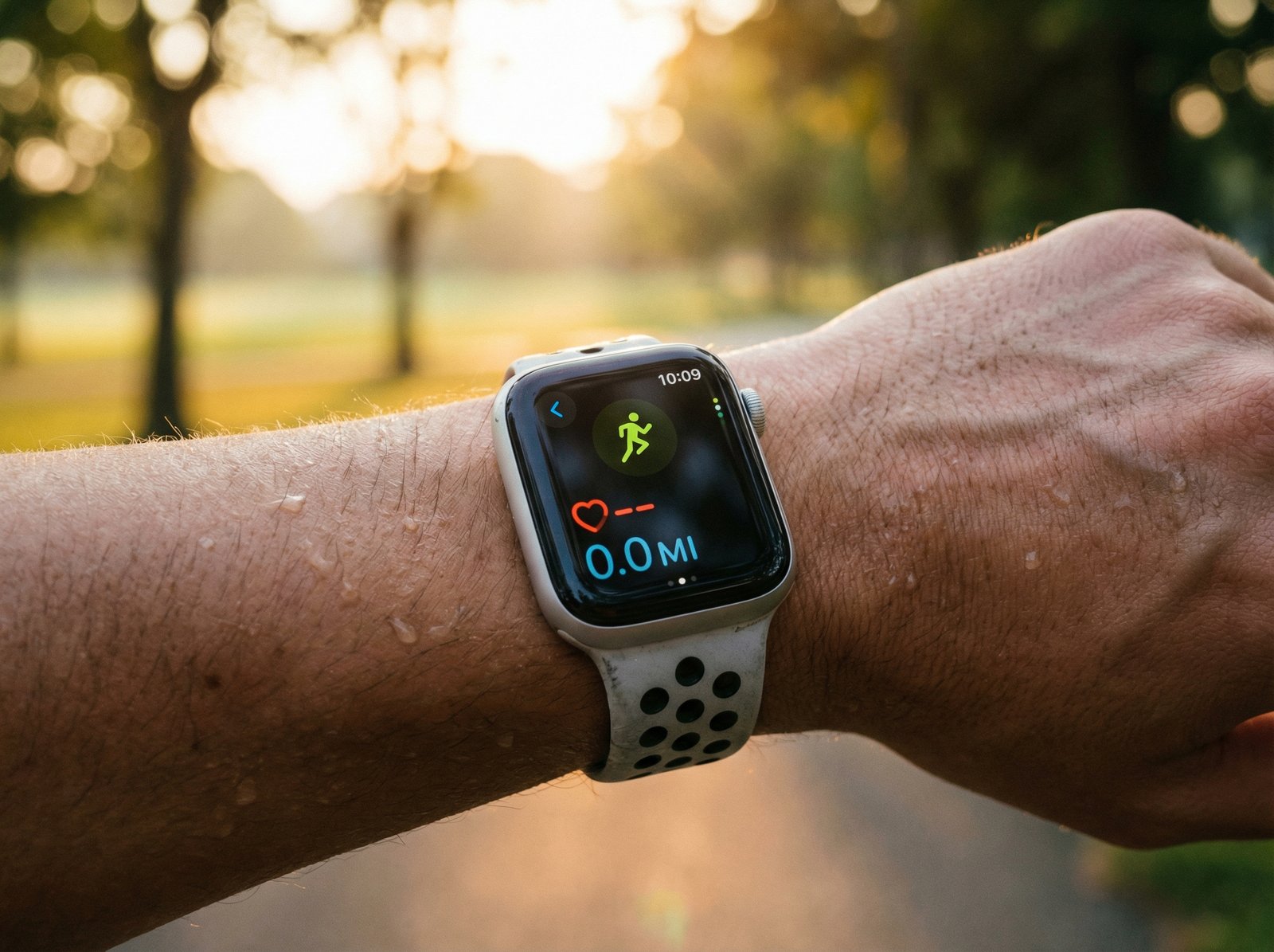 A close-up lifestyle photograph of an Apple Watch SE 3 on a person's wrist, showing the always-on display during a light morning workout. The background is a soft, blurred outdoor park setting with warm lighting. No visible text. Aspect ratio 4:3.