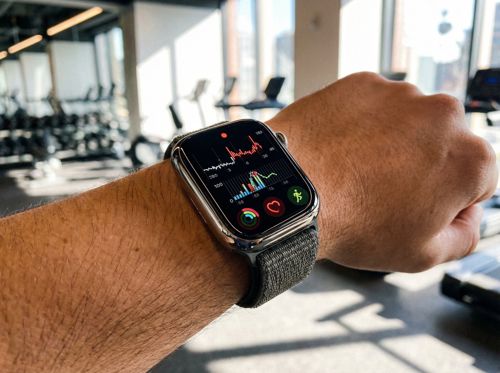 A detailed, high-contrast image of an Apple Watch Series 11 on a person's wrist, with the screen displaying various health metrics like heart rate and blood oxygen levels. The background is a clean, modern gym environment with balanced lighting. No visible text. Aspect ratio 4:3.