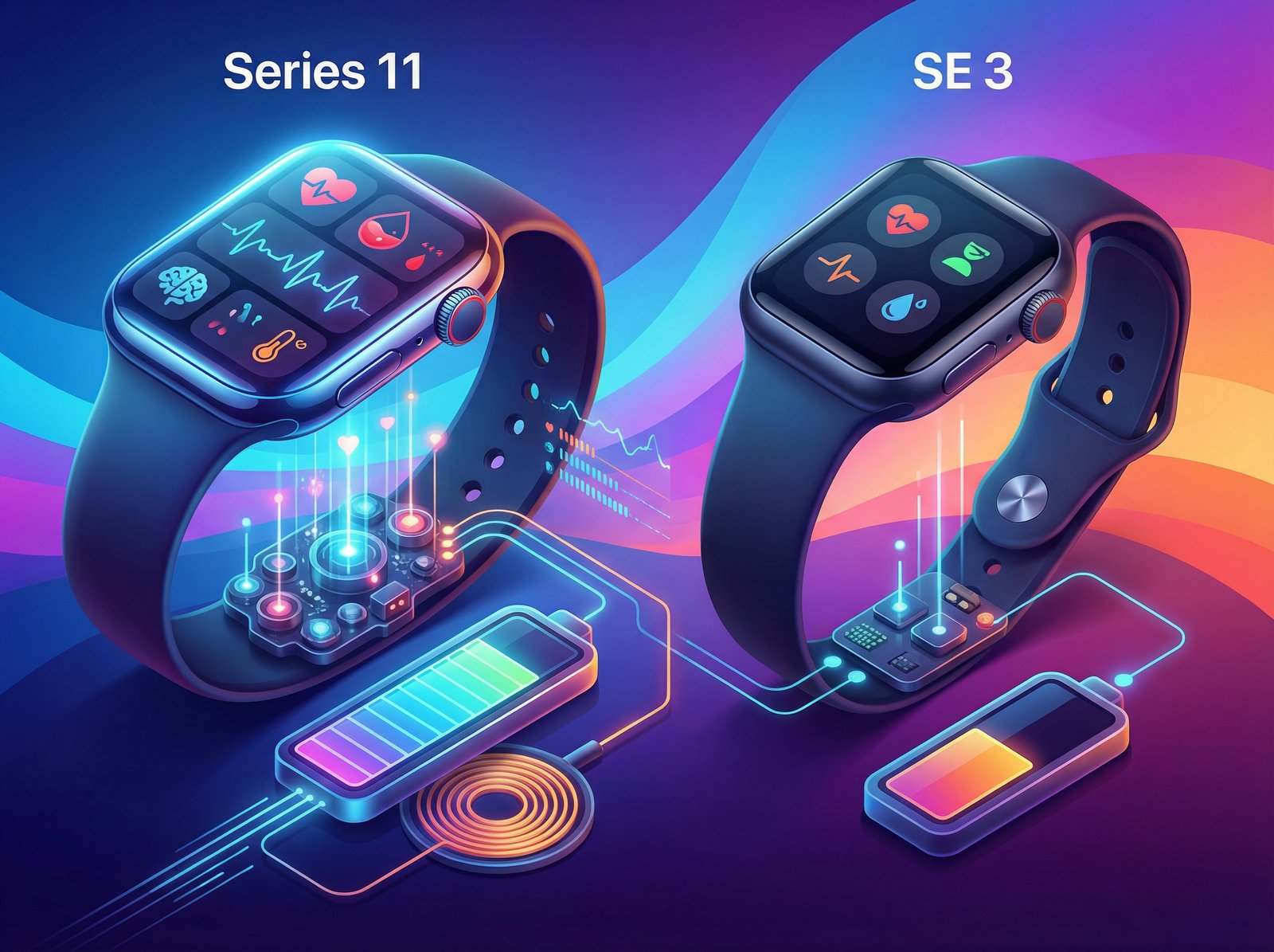 A sleek, modern infographic comparing Apple Watch Series 11 and Apple Watch SE 3, highlighting key features like display, health sensors, and battery life. Use a vibrant color scheme with a gradient background. No visible text. Aspect ratio 4:3.