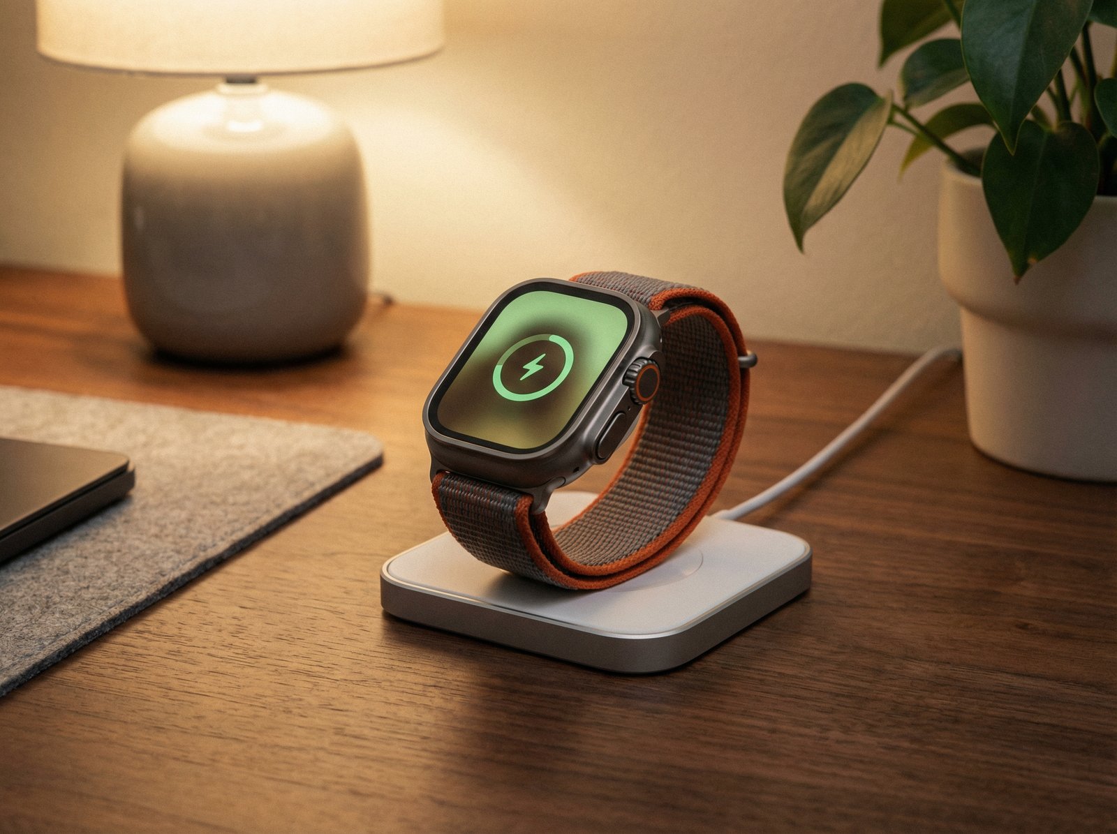 Detailed composition of an Apple Watch Ultra 3 charging on a sleek charger, with a subtle glow emanating from the screen to indicate charging. The background is a clean, modern desk setting with warm, ambient light. no visible text, aspect ratio 4:3