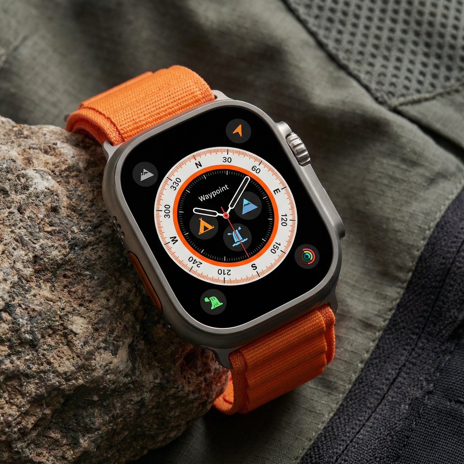 A close-up of an Apple Watch Ultra displaying the 'Waypoint' watch face. The screen shows a live compass and geographical points of interest, with a textured and modern background. No visible text, 1:1 aspect ratio.