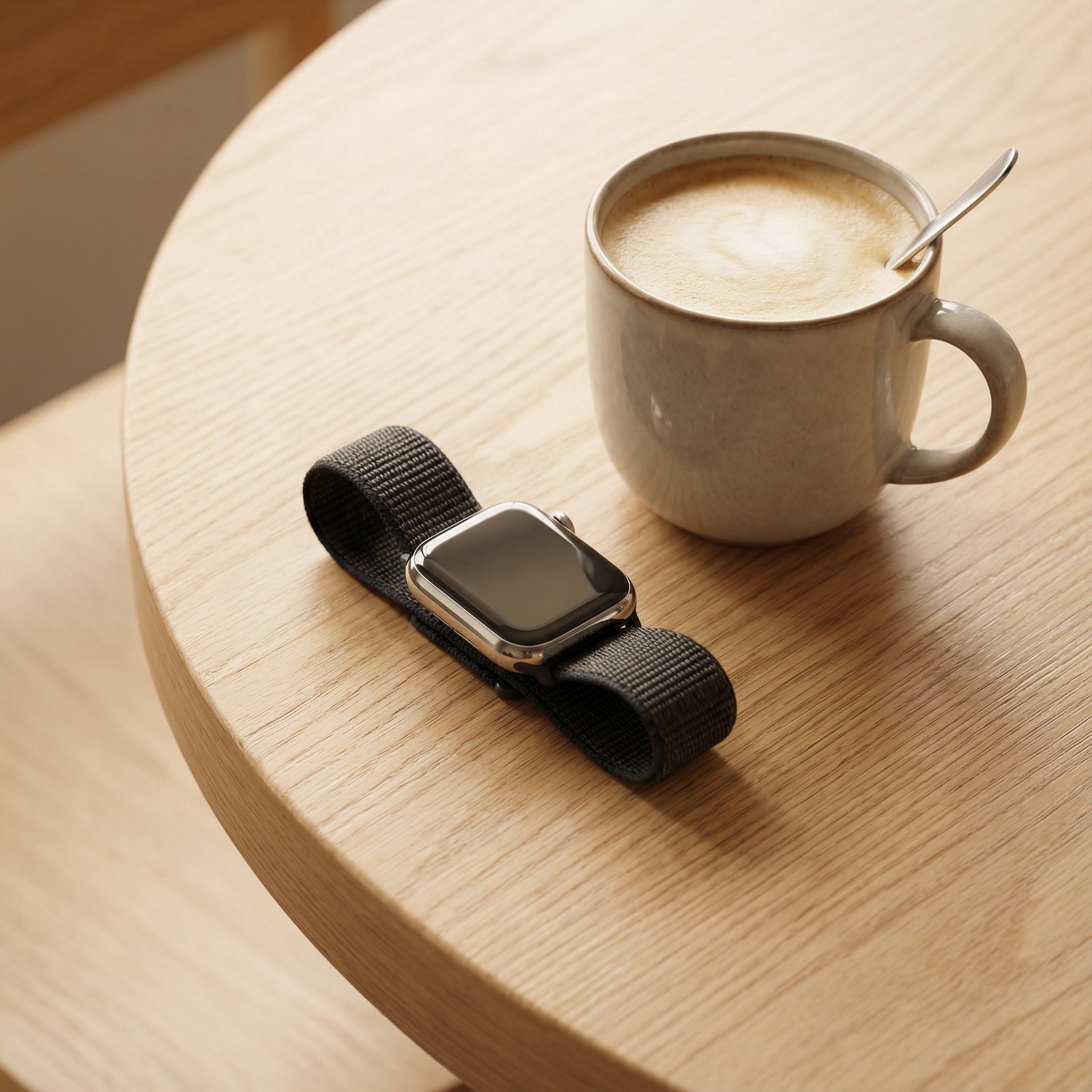 An Apple Watch Series 11 lying on a stylish wooden table, next to a cup of coffee. The composition is clean and minimalist, warm lighting, no visible text, aspect ratio 1:1.