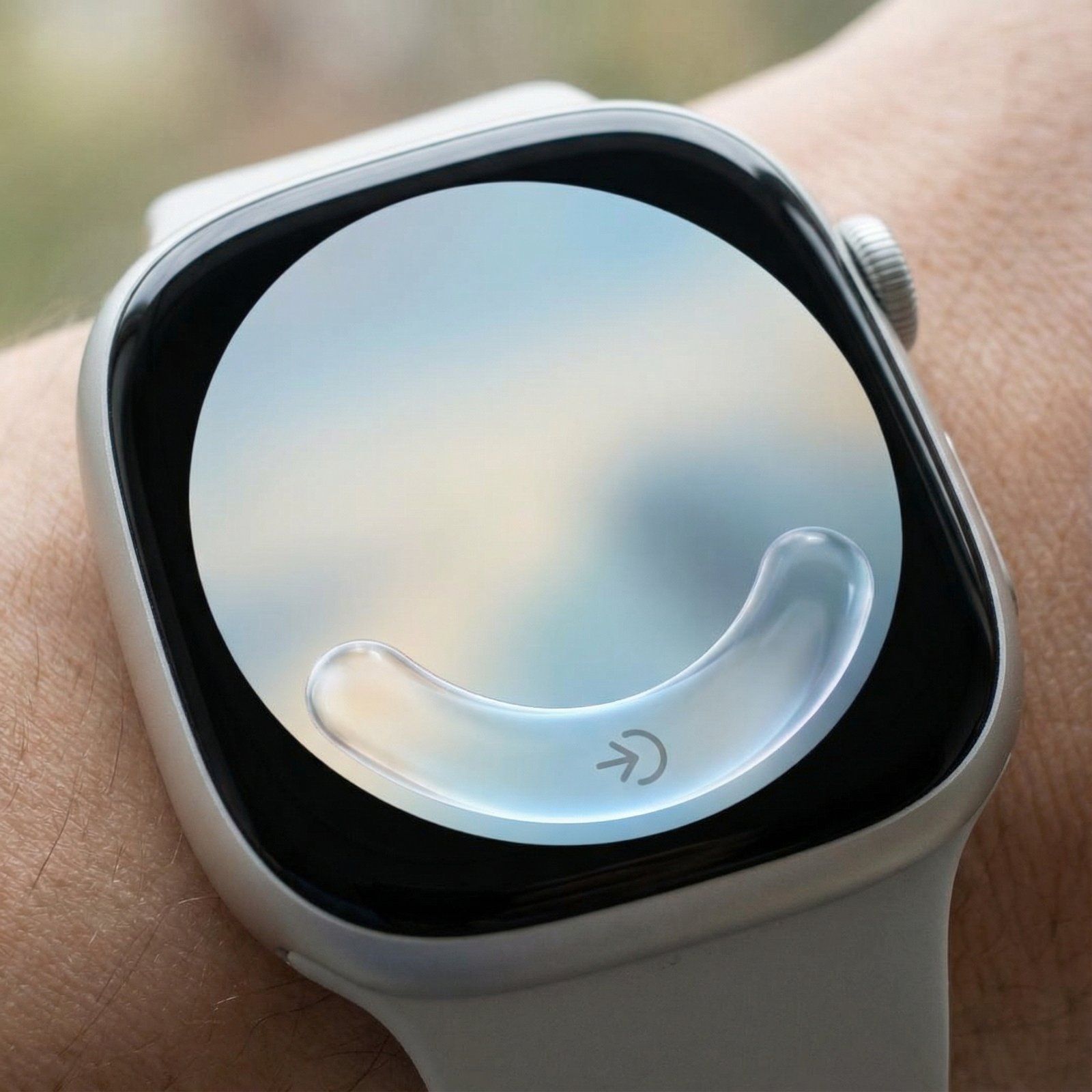 An Apple Watch display showing the new 'hints' feature at the bottom of the watch face. It's a Liquid Glass complication suggesting an app or action, with a soft, minimalist background. No visible text, 1:1 aspect ratio.