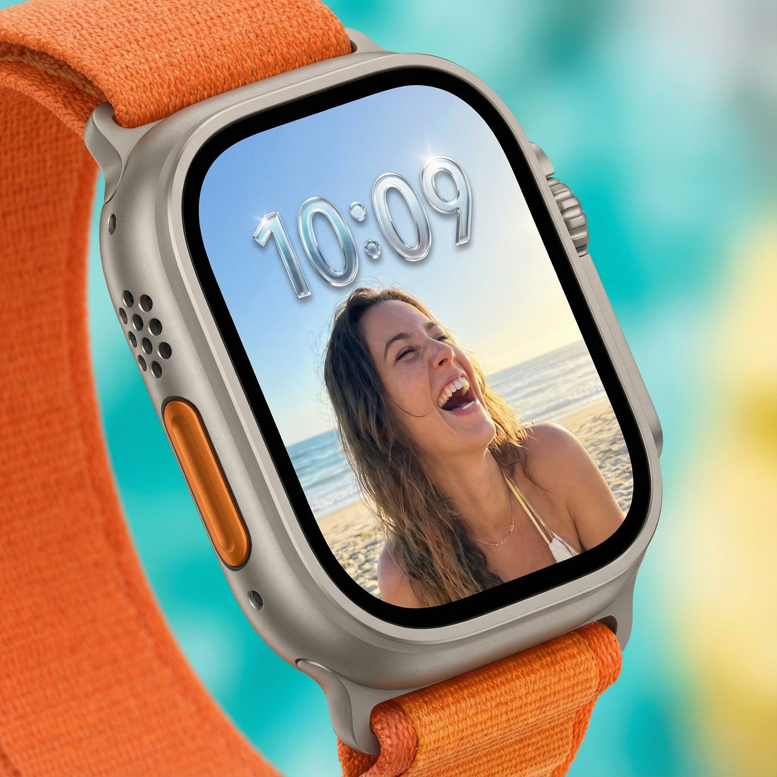 An Apple Watch displaying a customized Photos face with the 'Liquid Glass' clock option. A high-quality personal photo is visible, and the overall composition is bright and clear, with a colored background. No visible text, 1:1 aspect ratio.