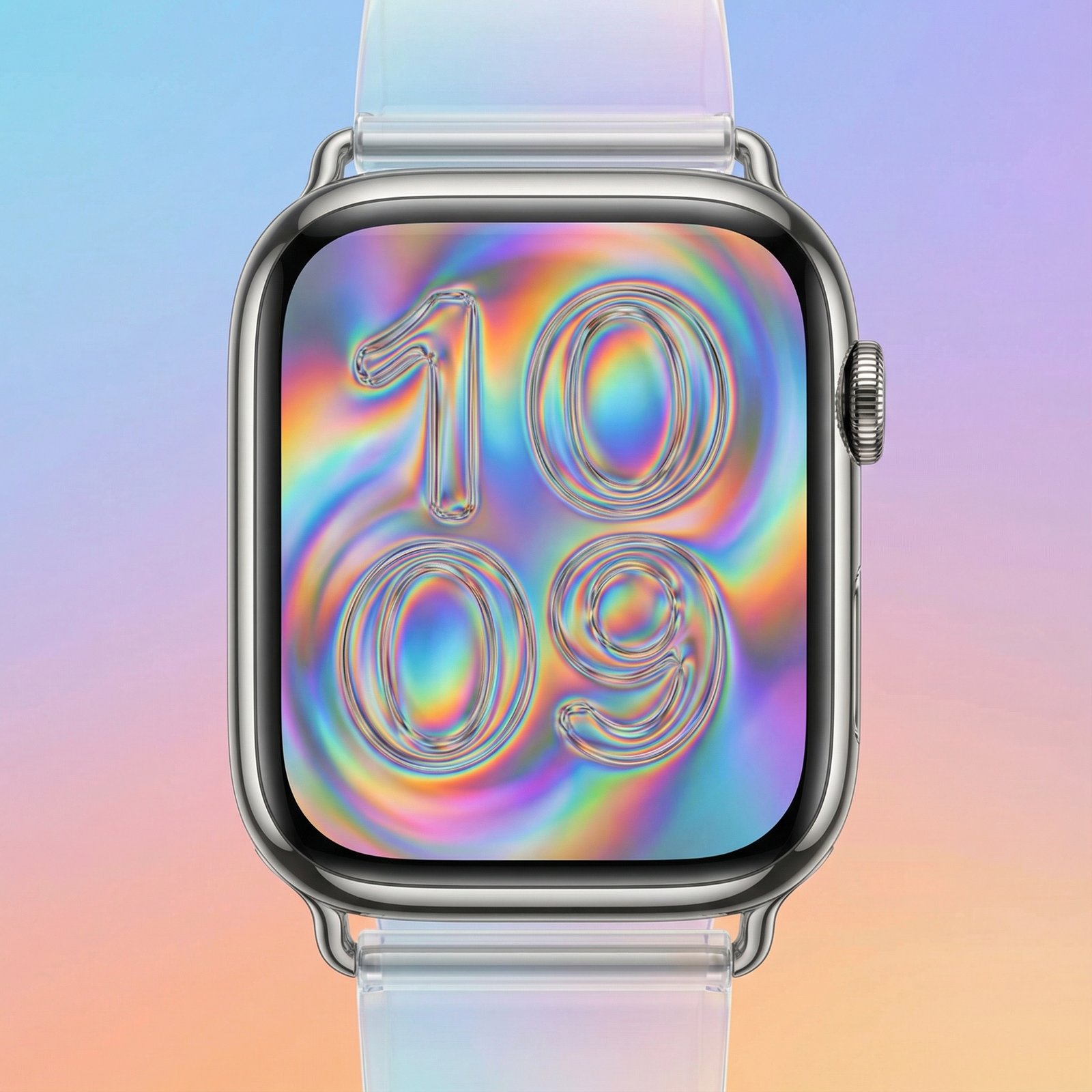 A modern Apple Watch displaying a vibrant new watch face from watchOS 26, perhaps the 'Flow' face with its liquid glass numerals. The background is a soft gradient, no visible text, 1:1 aspect ratio.