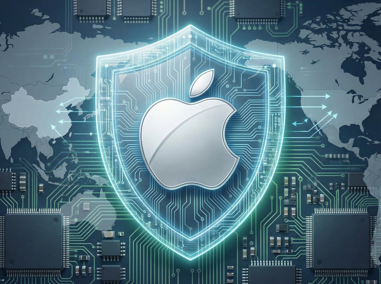A sleek, modern-looking apple logo with a protective shield around it, symbolizing tariff avoidance, against a backdrop of microchips and a subtle map of China and the US. Informational style, clean infographic, 4:3 aspect ratio, no visible text.