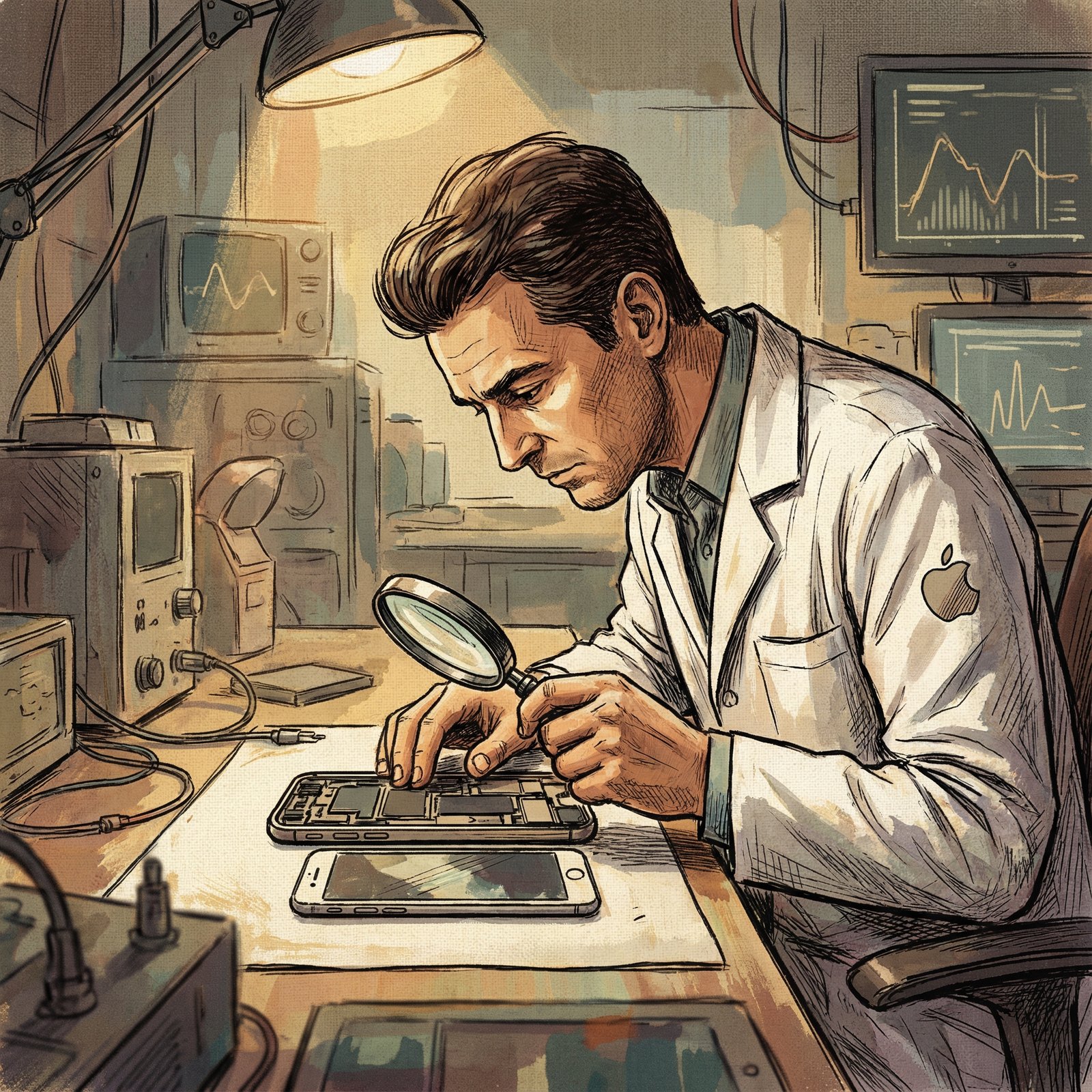 A detailed illustration of an Apple engineer in a clean lab environment, meticulously inspecting an iPhone with a magnifying glass, suggesting a complex technical problem. The style should be an artistic rendering with a textured background. No visible text, 1:1 aspect ratio.