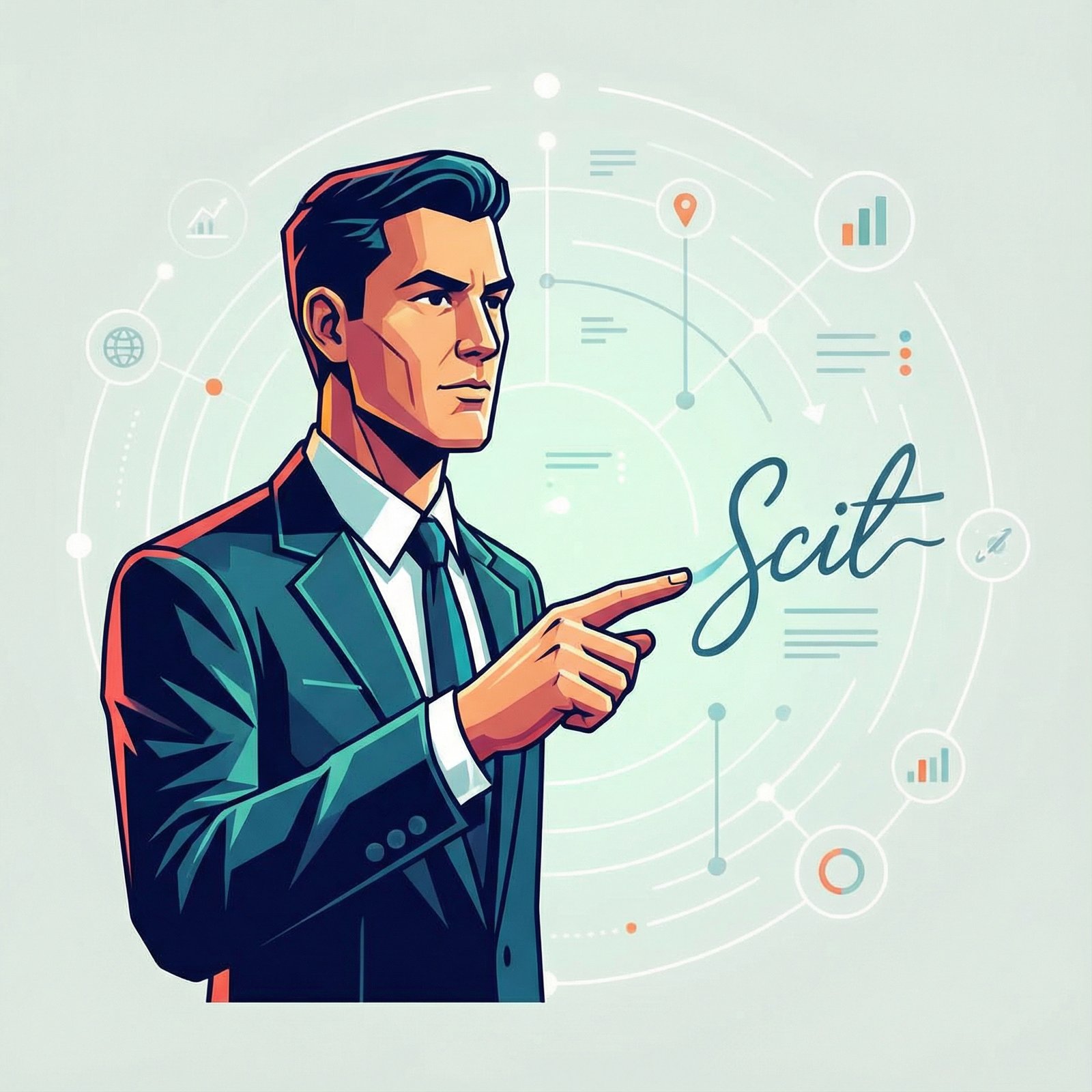 Stylized illustration of a person in a suit pointing at a script with a determined expression, surrounded by subtle glowing elements, modern layout, no visible text, aspect ratio 1:1, informational style.