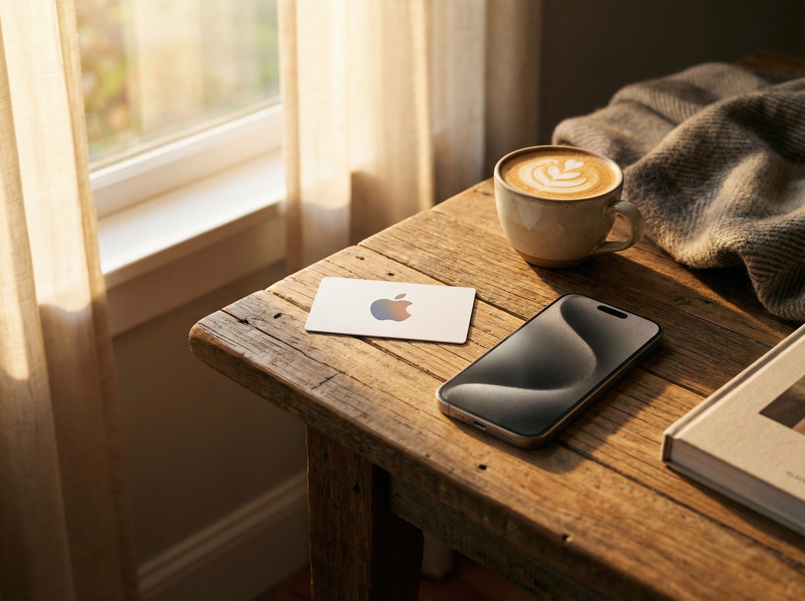 A high-quality lifestyle photograph of an Apple Gift Card placed on a warm wooden desk next to a modern smartphone. Soft morning sunlight filtering through a window, a cup of coffee nearby, cozy atmosphere, 4:3 aspect ratio, no visible text.