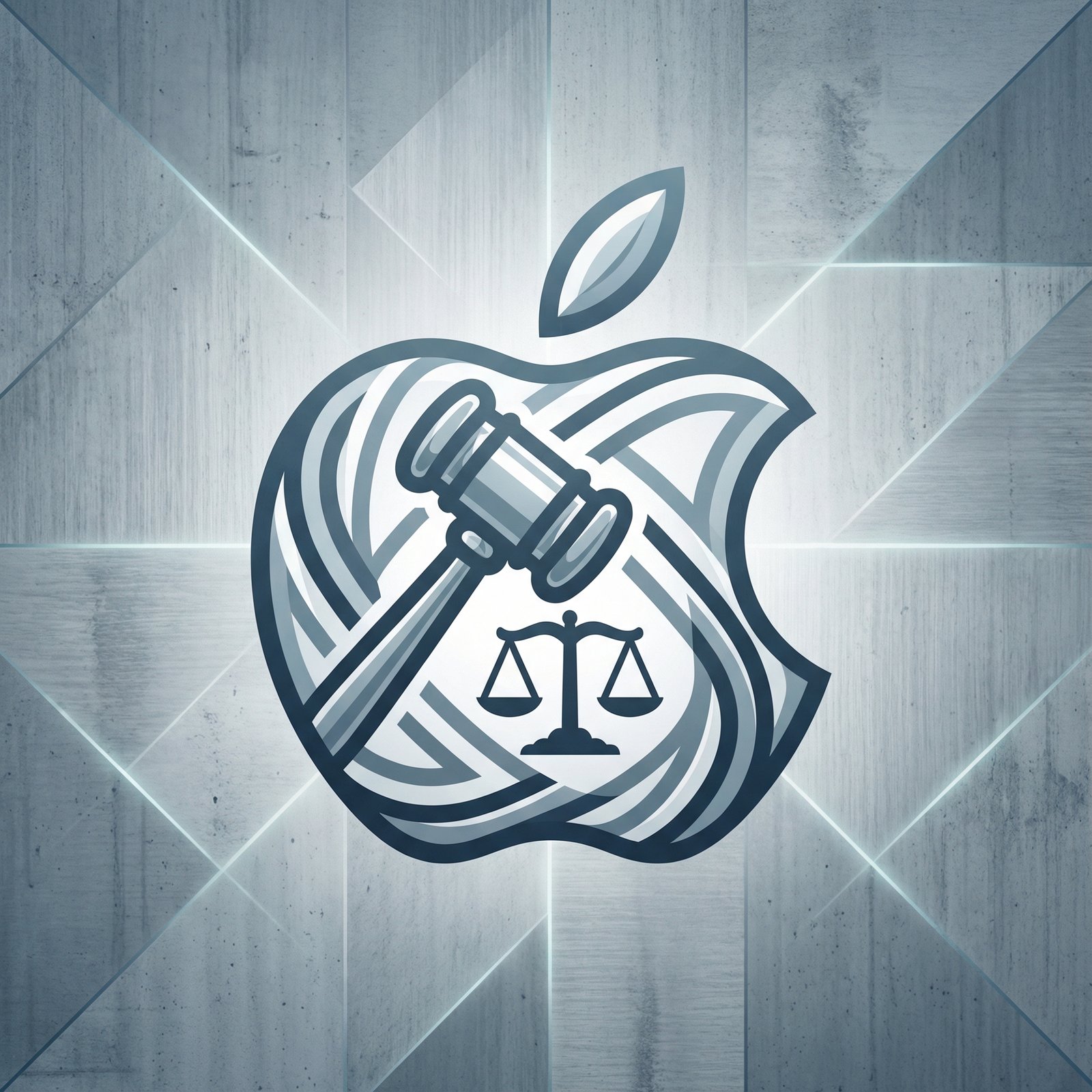 Apple logo subtly integrated with abstract legal symbols like a gavel and scales of justice, set against a modern, textured background. Informational style, clean lines, no visible text, 1:1 aspect ratio.