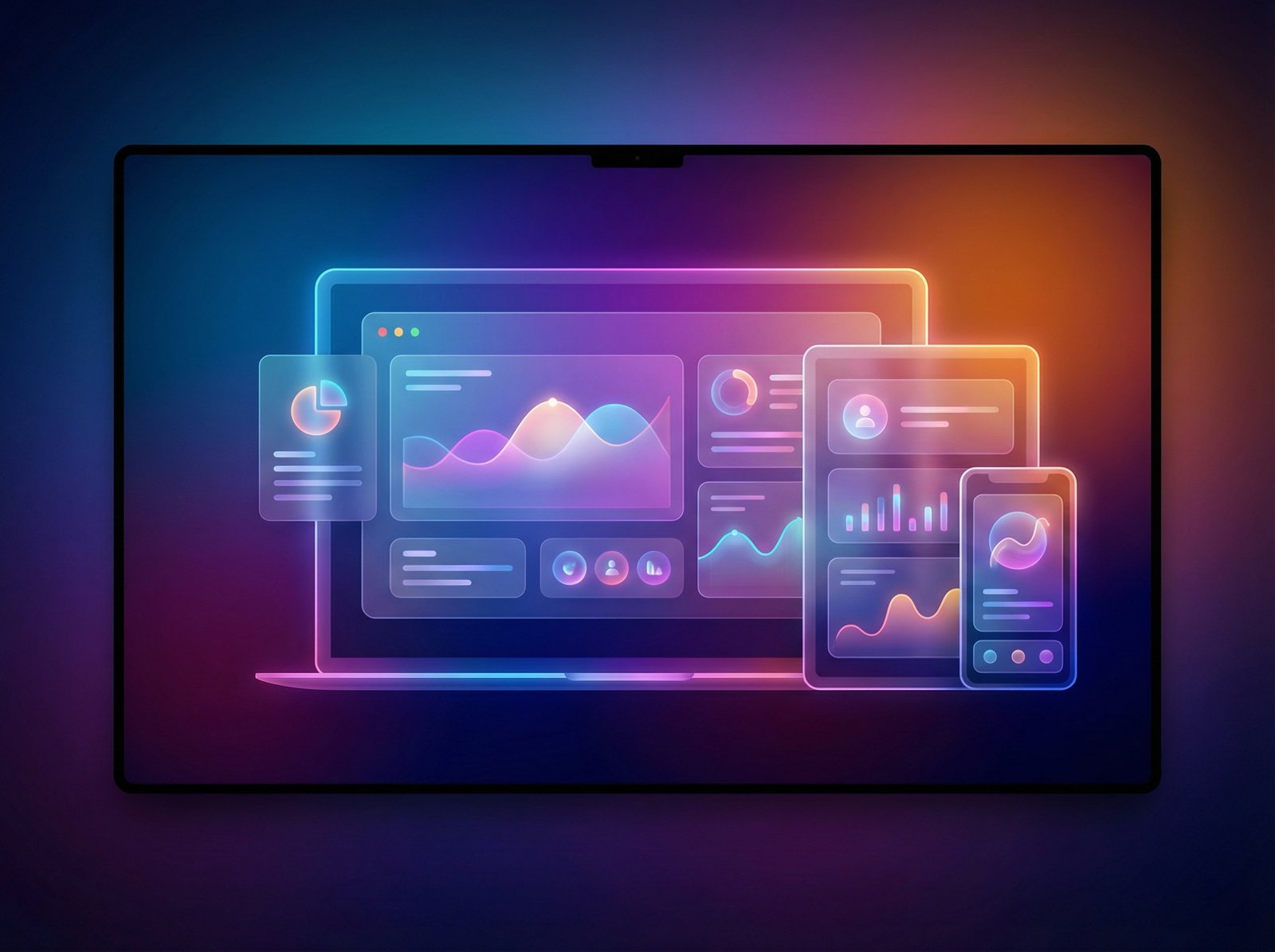 A sleek, modern digital interface showcasing various Apple device screens (iPhone, iPad, Mac) seamlessly integrated with a new translucent visual design, vibrant and responsive, informational style, high contrast, colored gradient background, full frame, centered focus, no visible text, 4:3 aspect ratio, no Korean text.