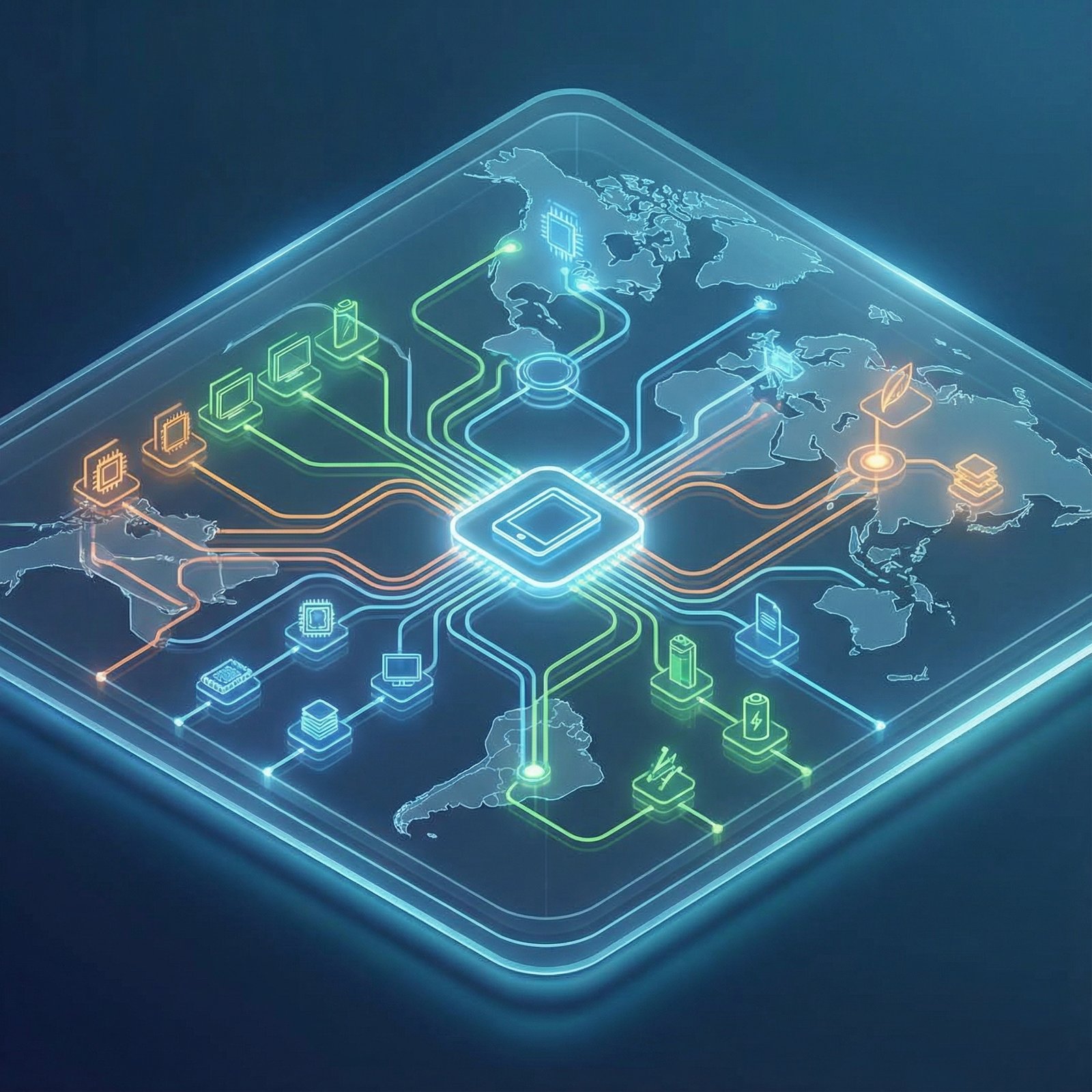 A complex global supply chain network for Apple products, showing various components coming from different regions and converging into a finished product. Emphasize diversification. Informational style, modern layout, 1:1 aspect ratio, no visible text.