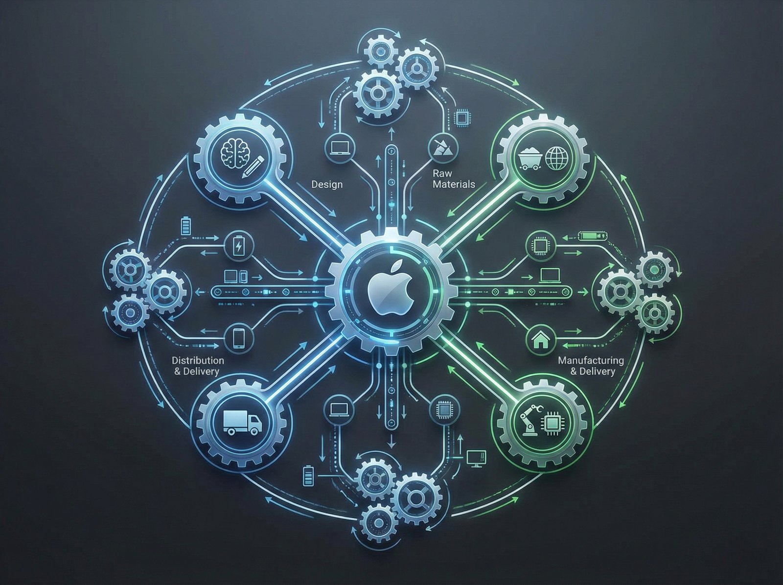A complex yet organized infographic representing Apple's integrated supply chain. Different gears and interconnected lines symbolize seamless coordination from design to delivery. A subtle Apple logo is integrated into the design. Modern, clean layout, high contrast, aspect ratio 4:3, no visible text.