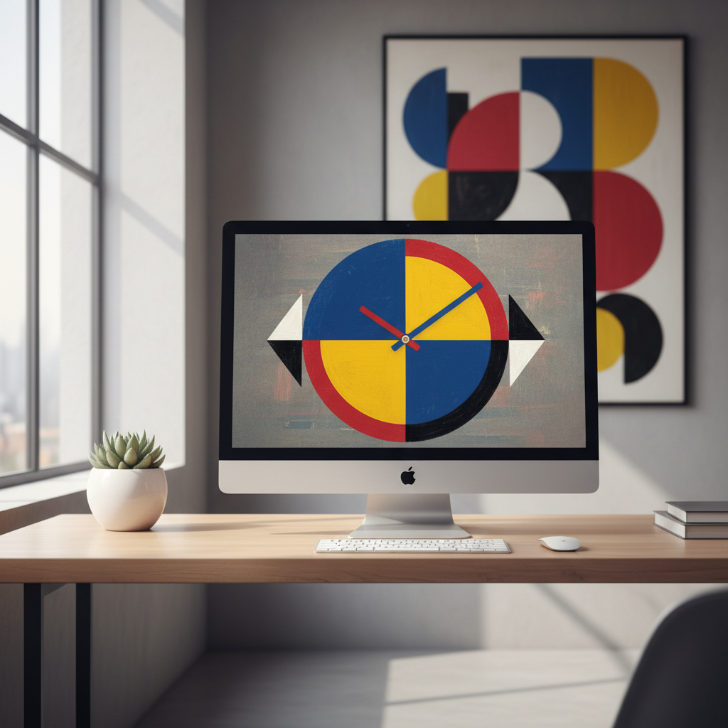 A stylish iMac on a minimal desk displaying a geometric Bauhaus style clock as a screensaver, vibrant primary colors, artistic rendering, textured background, elegant interior design, no text, 4:3