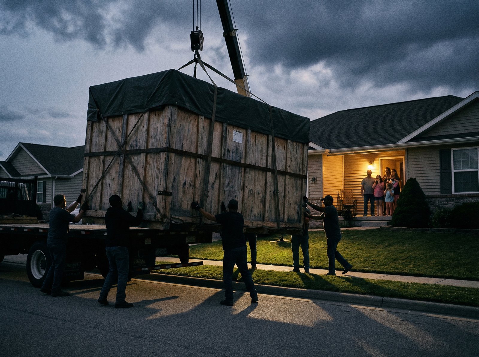A striking image of a large, mysterious crate or package being delivered to a suburban home, creating a sense of awe and dread, dramatic lighting, no visible text, aspect ratio 4:3, informational style.