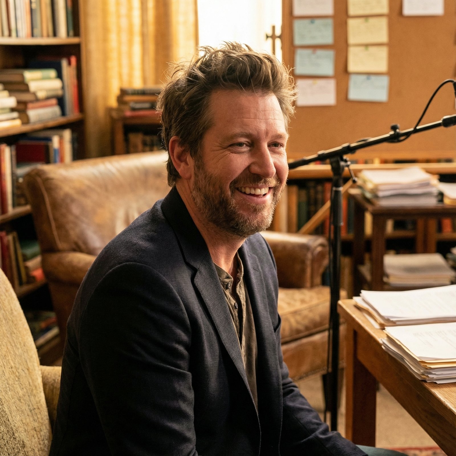 A professional and creative man, resembling Bill Lawrence, smiling confidently in a TV studio or writer's room. Surrounded by subtle hints of script pages or film equipment. Lifestyle photography, warm lighting, natural setting, no visible text, aspect ratio 1:1.
