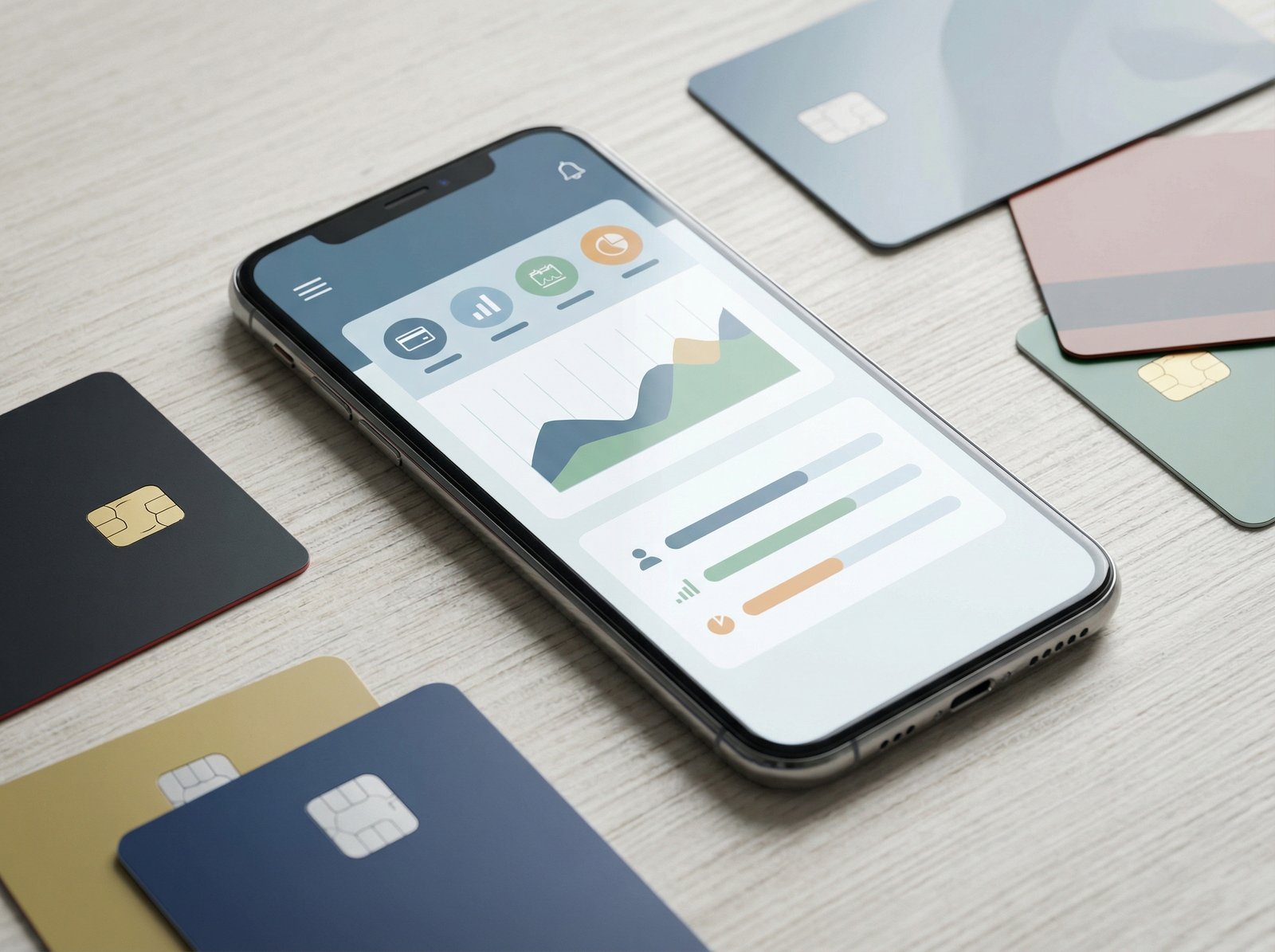 A modern, clean smartphone displaying the CardPointers app interface, surrounded by various credit cards on a textured wooden table. The app shows credit card rewards and offers. Bright, balanced lighting, no visible text. aspect ratio 4:3, no visible text, informational style.