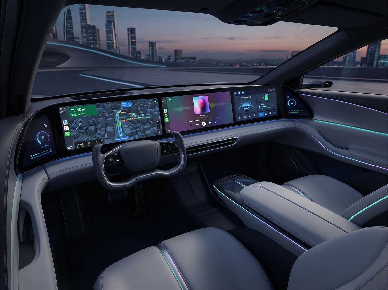 A futuristic car interior showing a seamless, integrated dashboard display with Apple CarPlay Ultra interface, displaying maps, music, and vehicle controls across multiple screens. Aspect ratio 4:3. No visible text.