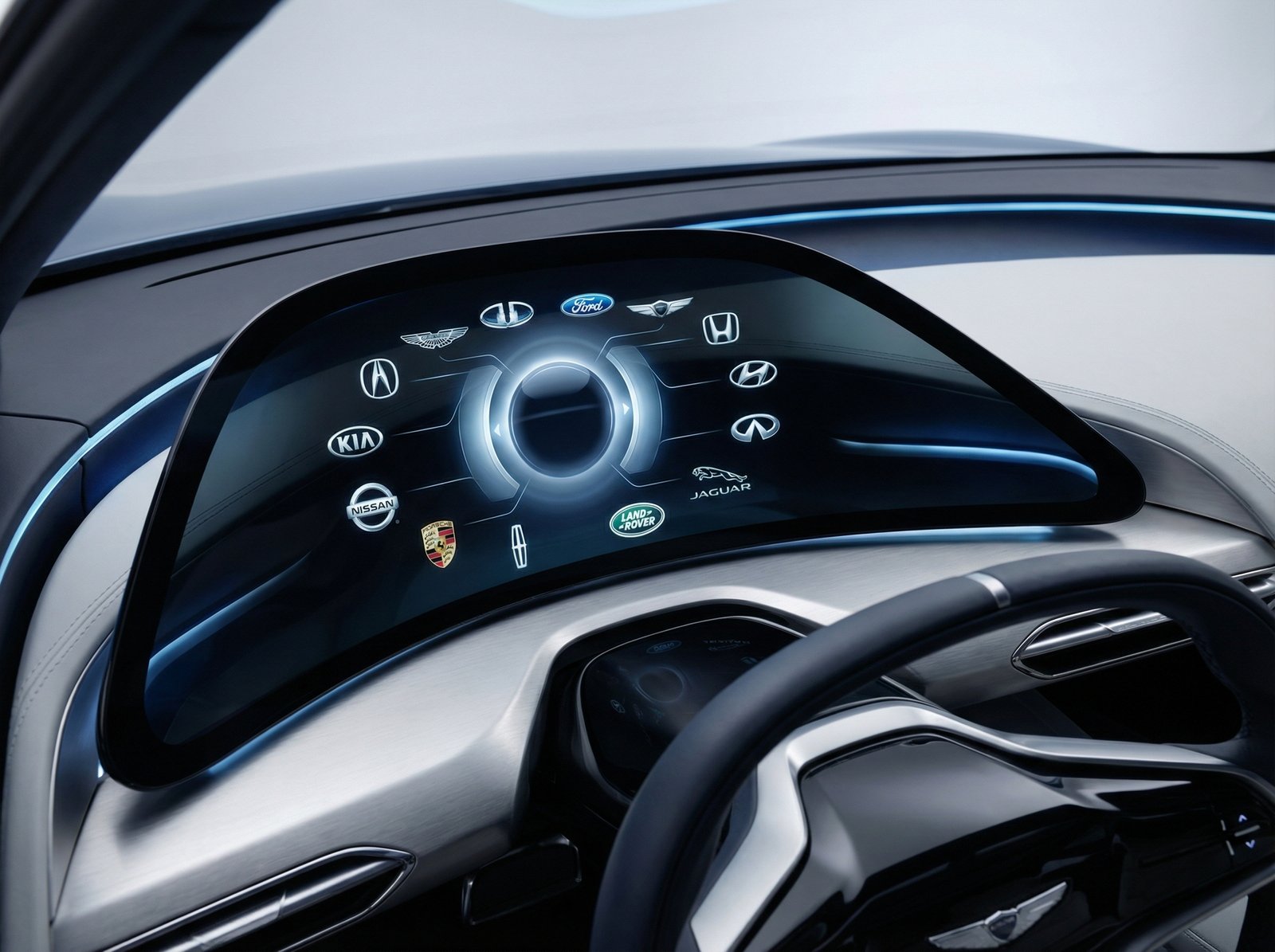 A conceptual design showing various car manufacturer logos (Acura, Aston Martin, Ford, Genesis, Honda, Hyundai, Infiniti, Jaguar, Kia, Land Rover, Lincoln, Nissan, Porsche) seamlessly integrated into a modern car interface. Clean, high-tech aesthetic. Aspect ratio 4:3. No visible text.