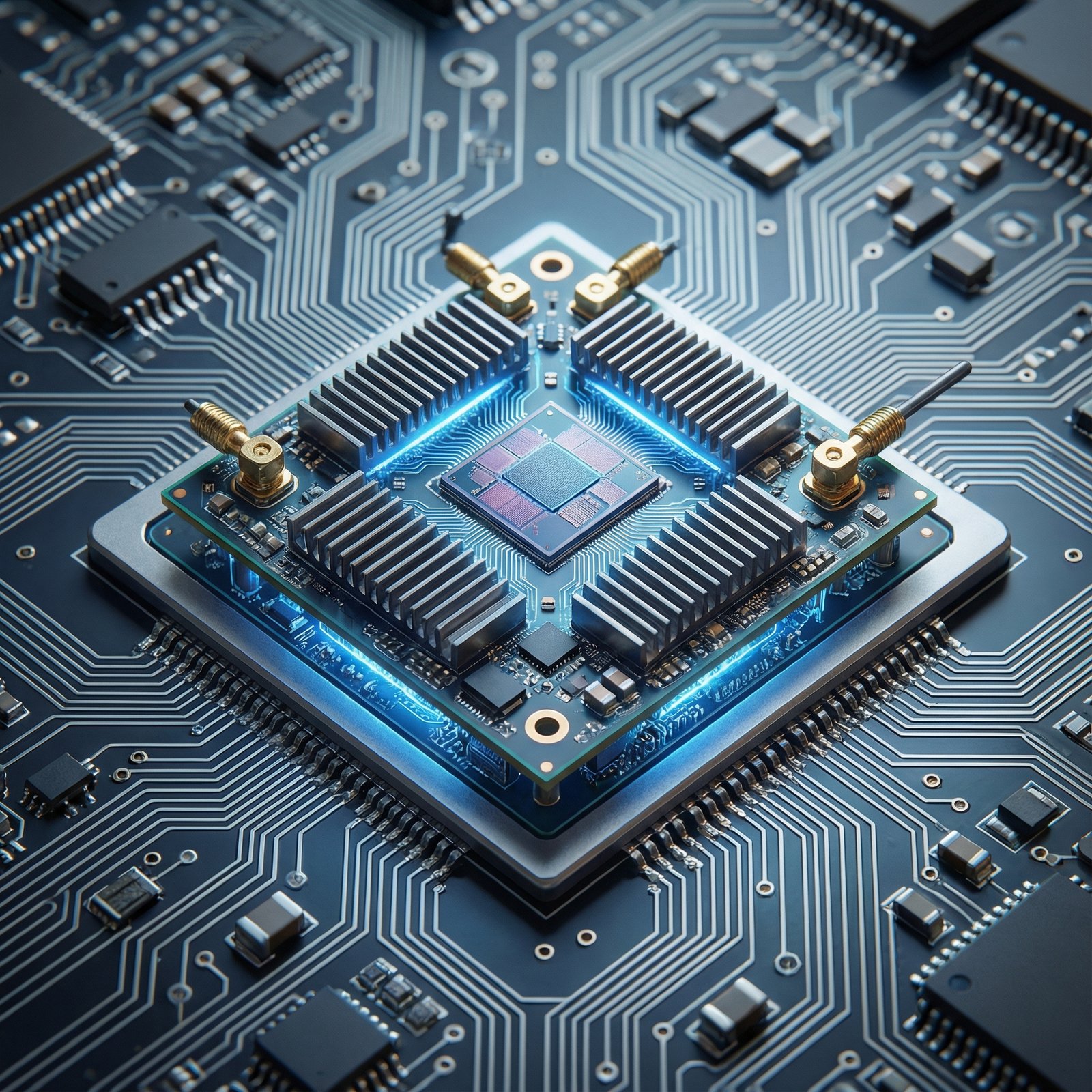 A detailed, futuristic image of a small, advanced C2 cellular modem chip integrated into a laptop motherboard, glowing with subtle blue light. The background is a circuit board pattern, no visible text, 1:1 aspect ratio.