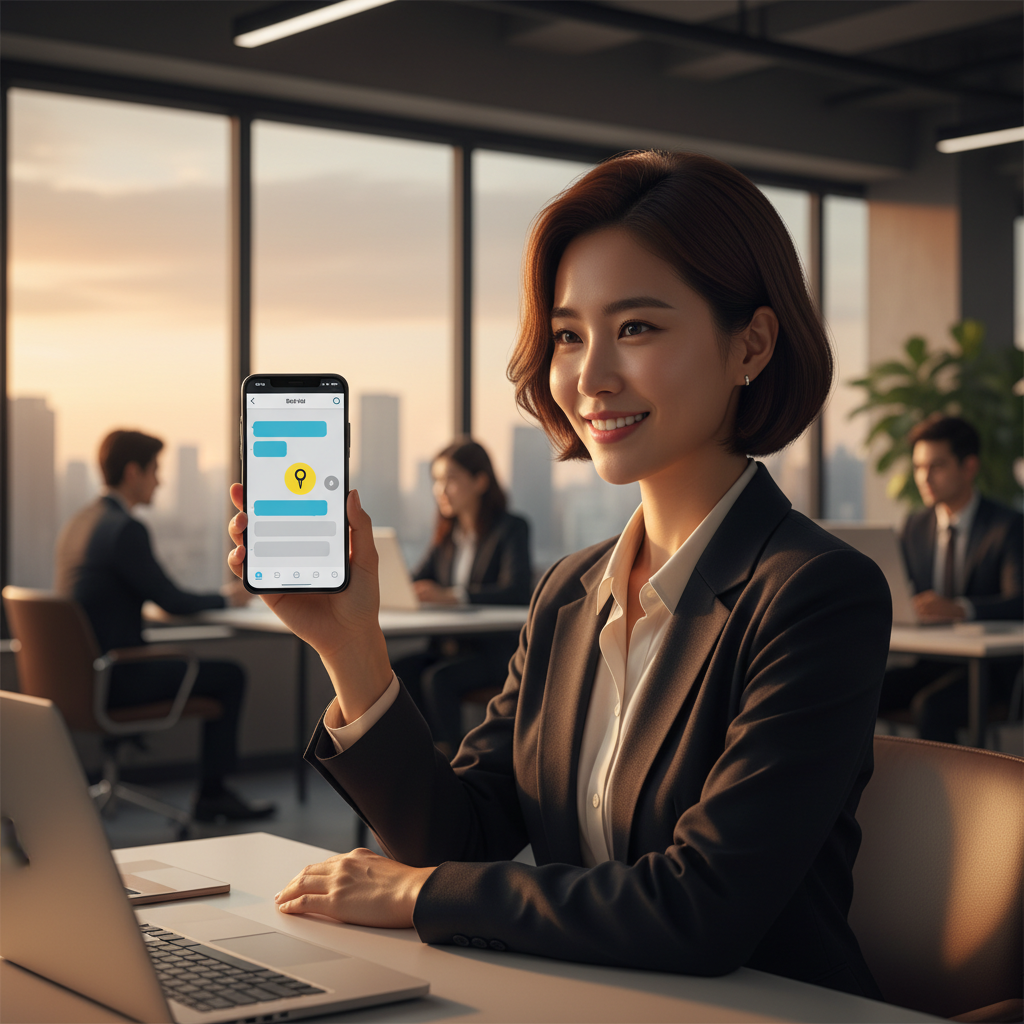 A Korean office worker smiling while using a smartphone showing a chat app interface with a pin icon highlighted, modern office background, warm lighting, high contrast, no text