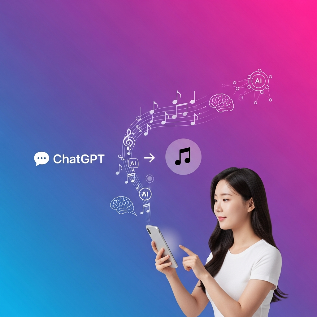 clean infographic, modern layout, high contrast, showing seamless integration between ChatGPT and Apple Music, Korean woman interacting with a smart device, music notes and AI symbols, colored gradient background, no text