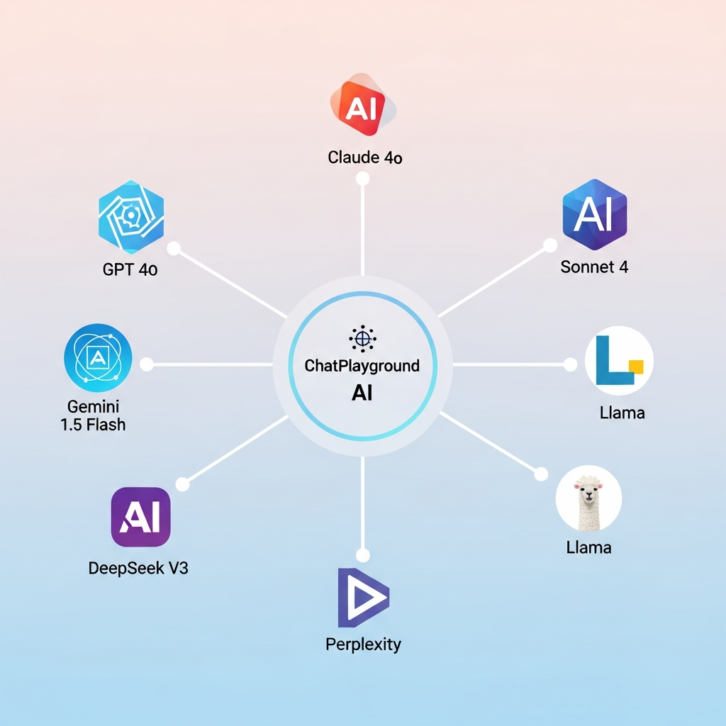 A clean infographic illustrating 'ChatPlayground AI' as a central hub, with sleek lines extending outwards to various popular AI model logos such as GPT 4o, Claude Sonnet 4, Gemini 1.5 Flash, DeepSeek V3, Llama, and Perplexity. The background is a soft gradient. Modern layout, high contrast, bright lighting, no text. Visually rich, no empty margins.