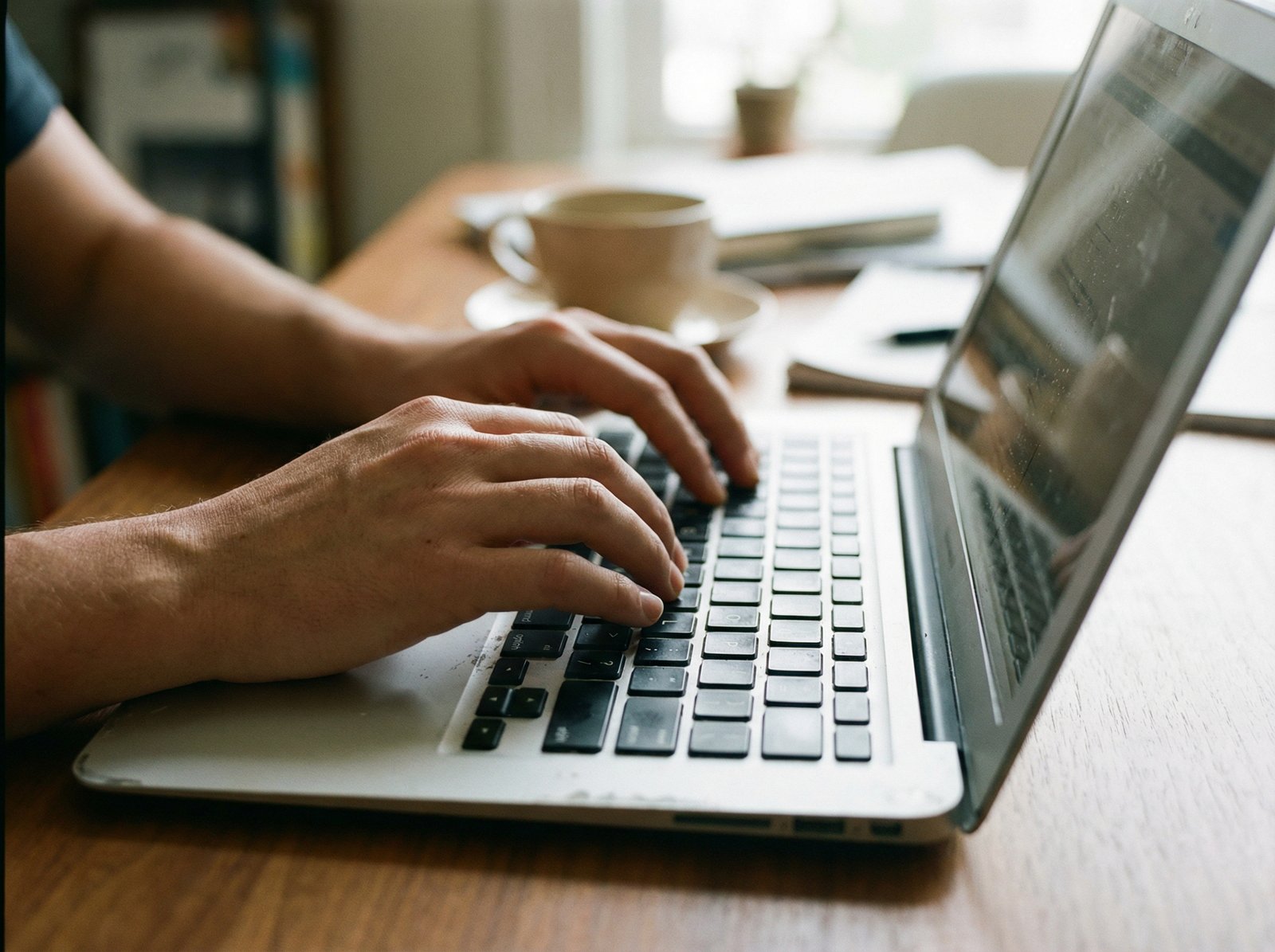 A close-up, slightly high-angle shot of a person's hands typing on the keyboard of a silver refurbished 2017 MacBook Air. The background is softly blurred, indicating a focused work environment. Aspect ratio 4:3, no visible text.