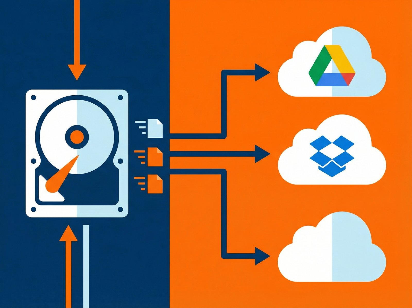 Clean infographic style image showing a local computer hard drive synchronizing data with cloud icons like Google Drive and Dropbox, modern flat design, high contrast, 4:3 aspect ratio, no visible text