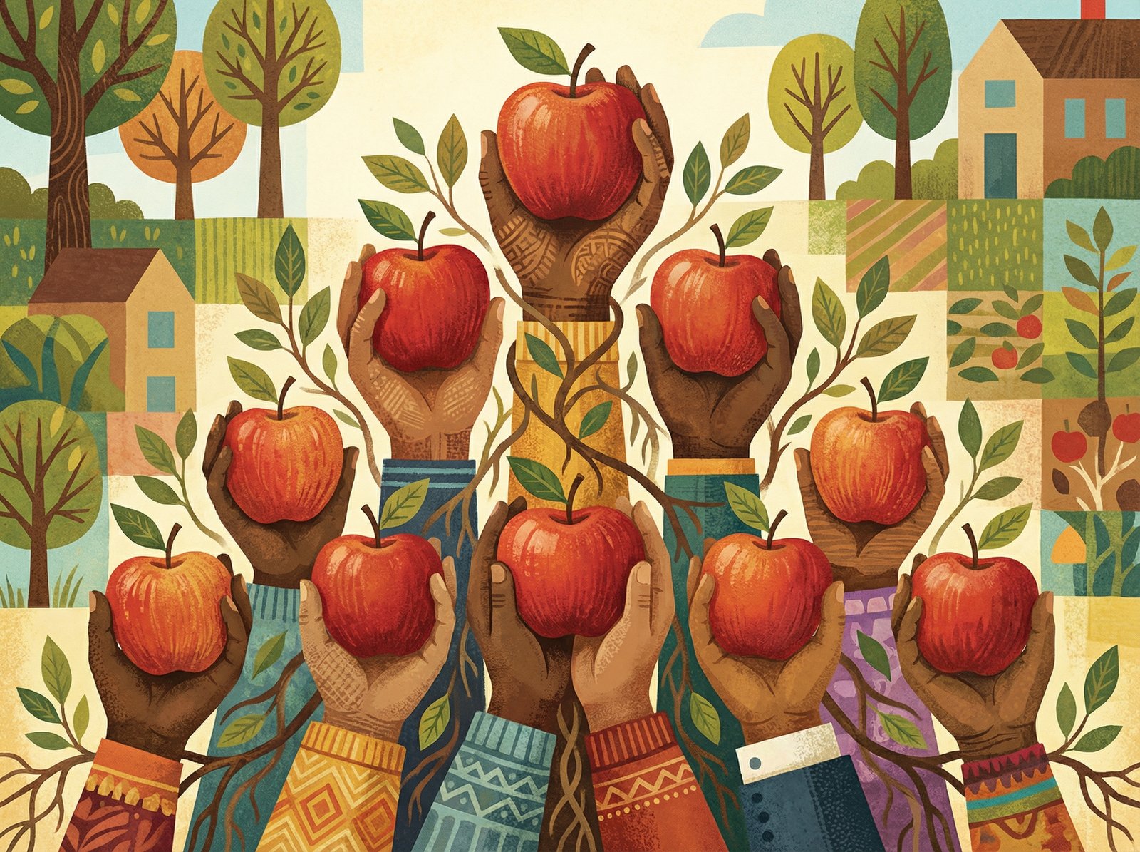 A stylized illustration of diverse hands holding up red apples, symbolizing community involvement and collective impact of donations. Bright, balanced lighting, artistic rendering, no visible text, 4:3 aspect ratio.