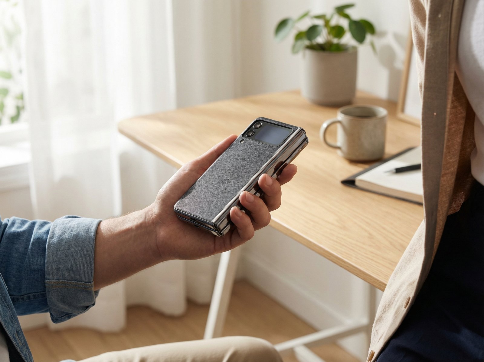 A realistic lifestyle photo of a person holding a compact foldable smartphone with a 5.3 inch external display that looks like a small passport book. The device is half-folded showing a sleek premium design with a metallic frame. Natural indoor lighting with a modern minimalist desk in the background. 4:3 aspect ratio no visible text.