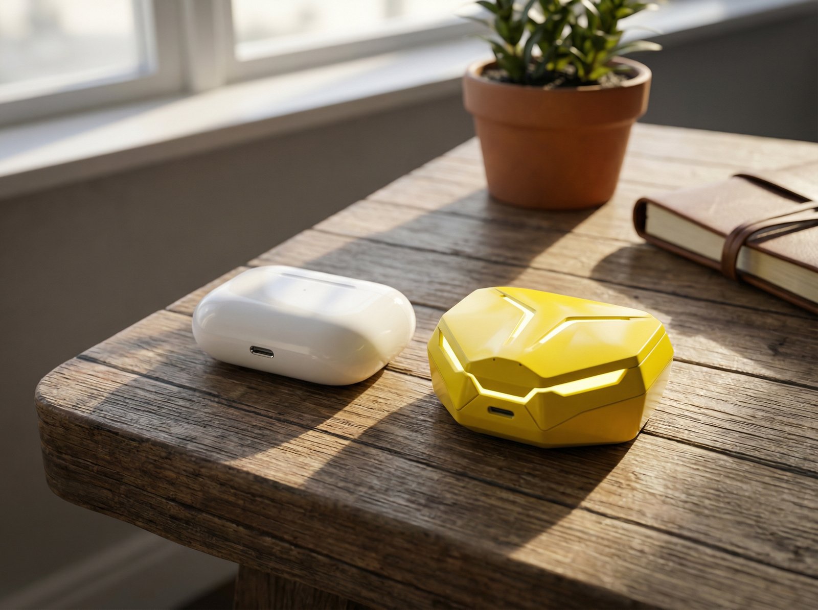 A sleek white wireless earbud case next to a conceptual bright yellow earbud case on a wooden desk with soft natural lighting, high contrast, 4:3, no visible text
