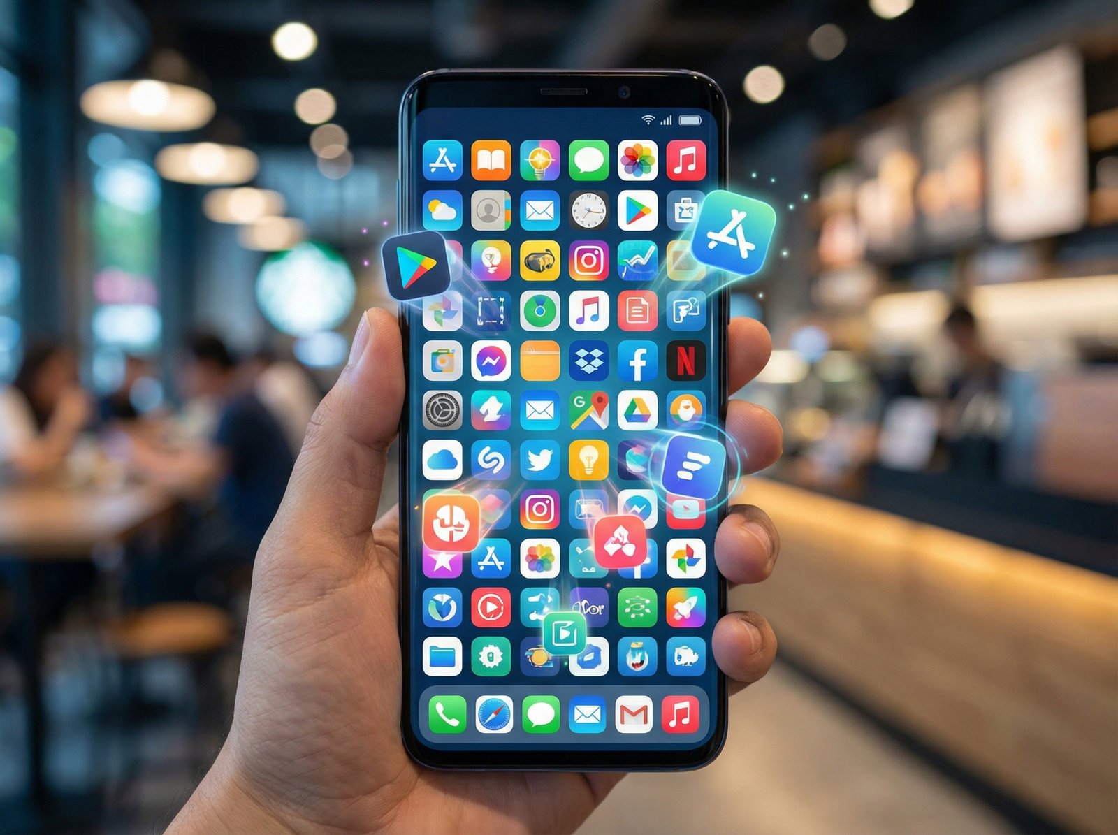 A vibrant, bustling digital marketplace on a smartphone screen, with various app icons competing, conveying a thriving and competitive app economy as argued by Apple. Aspect ratio 4:3, no visible text.