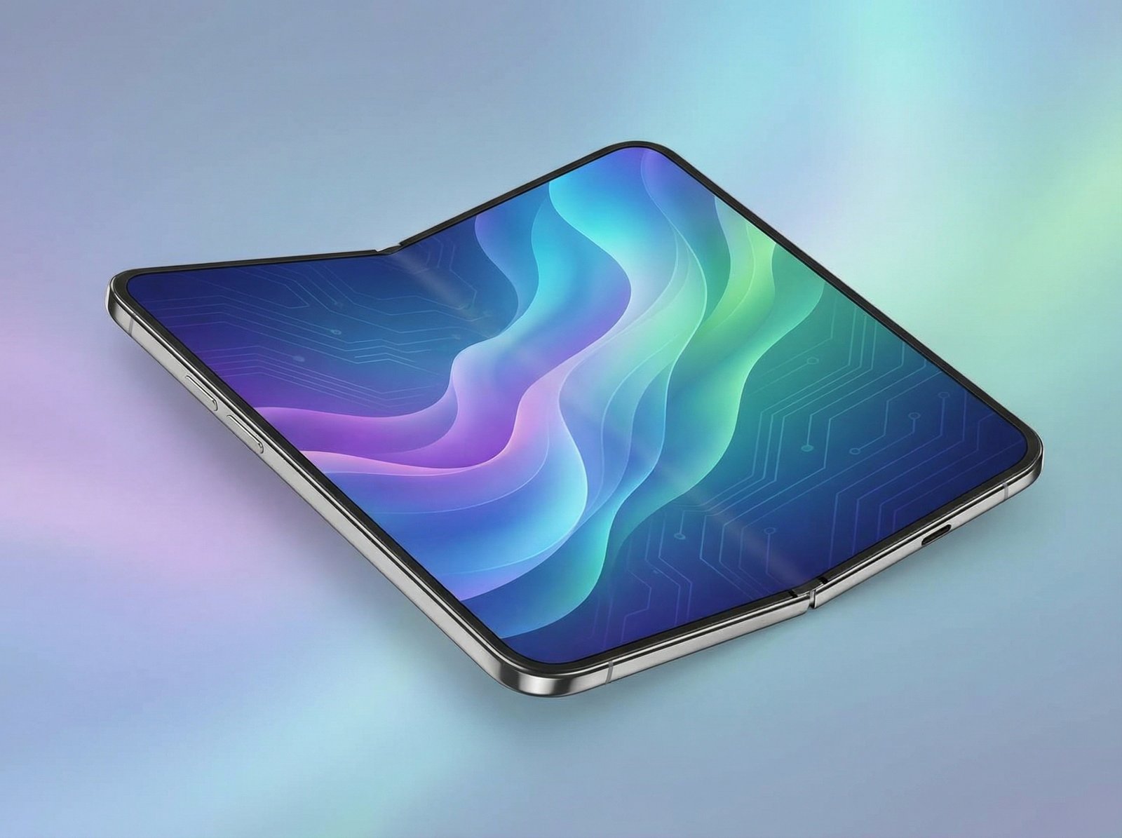 A sleek, modern conceptual design of the iPhone Fold in its unfolded state, showcasing a wide inner display. The device is ultra-thin, with a subtle hinge mechanism. The background is a clean, abstract tech-inspired gradient. No visible text. Aspect ratio 4:3.