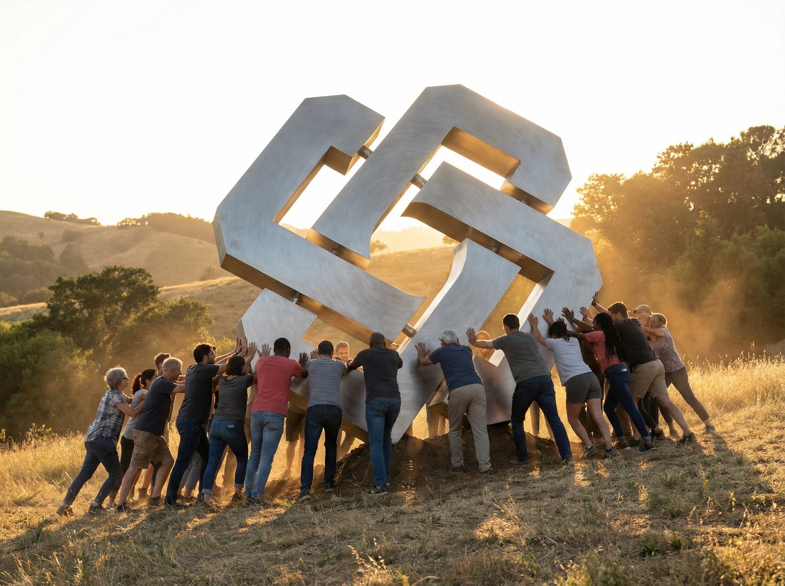 Diverse group of consumers subtly pushing back against a large, stylized tech company logo, representing a "tipping point." Energetic, dynamic composition, warm lighting, natural setting, no visible text, 4:3 aspect ratio.