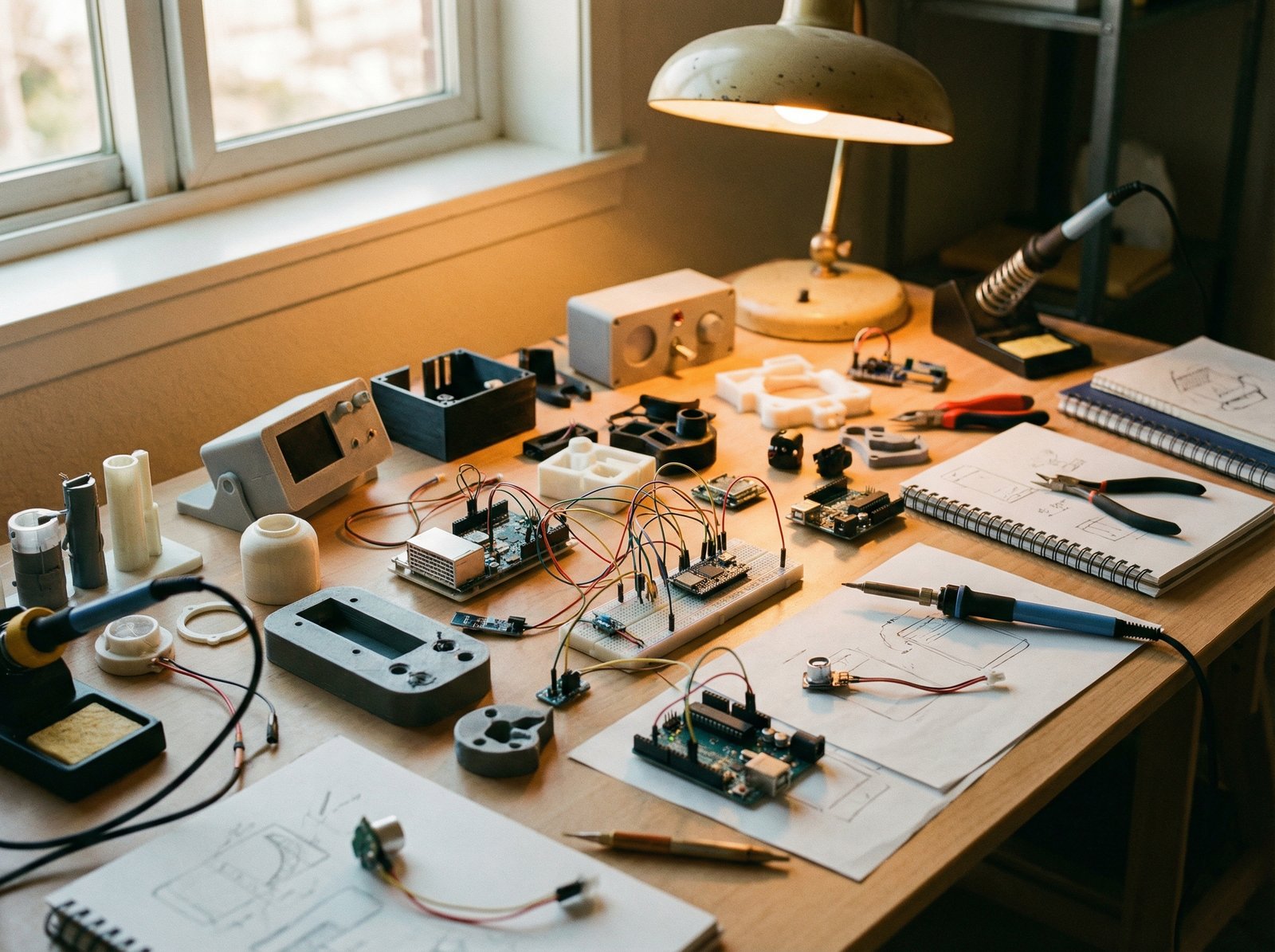 Various tech gadget prototypes and electronic components scattered artistically on a designer desk with warm ambient lighting, highly detailed composition, 4:3, no visible text