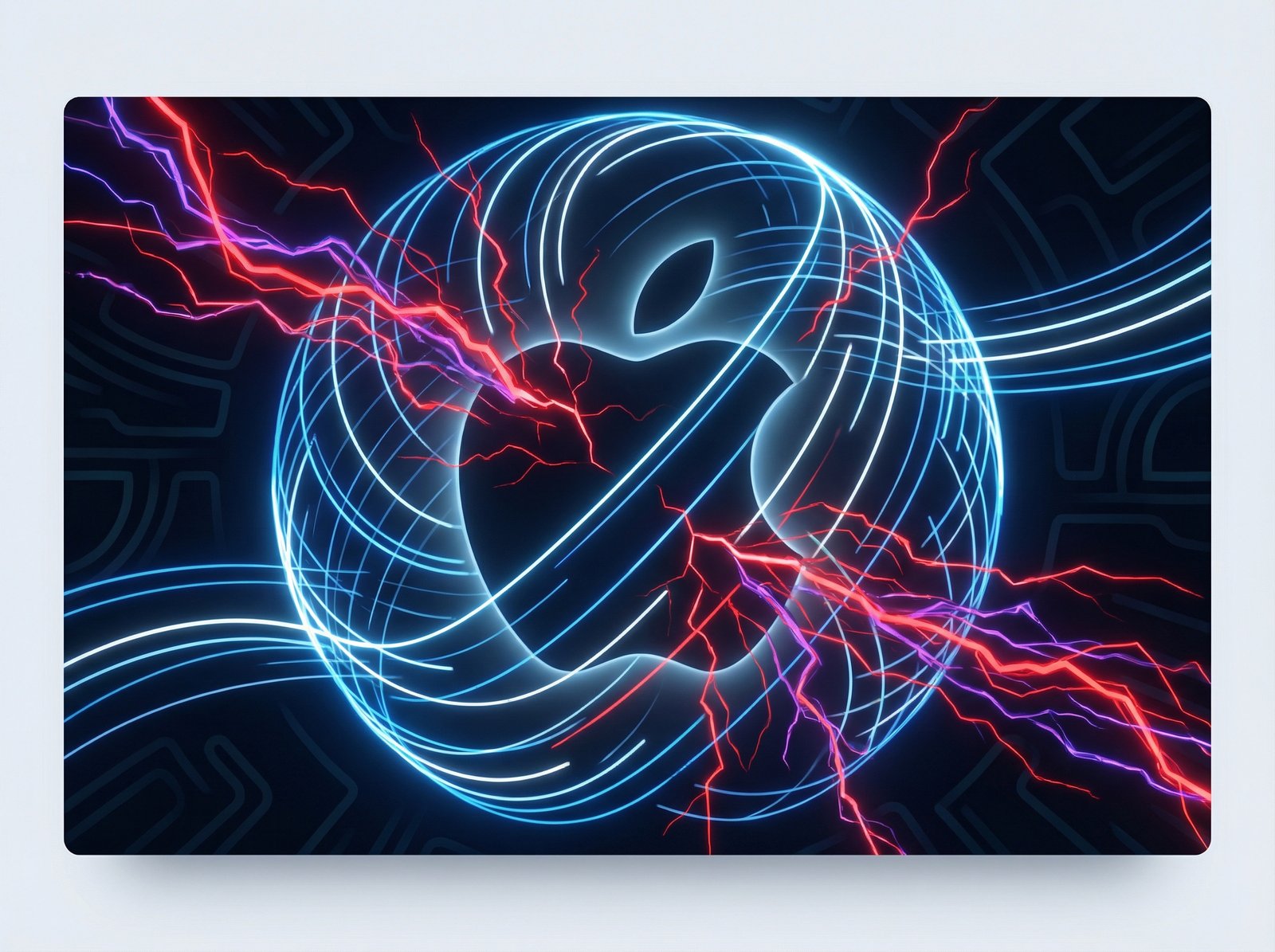 Digital illustration of a secure network being breached by malicious code, with abstract glowing lines representing data flow, a subtle apple logo integrated into the background, informational style, clean infographic, modern layout, high contrast, no visible text, aspect ratio 4:3.