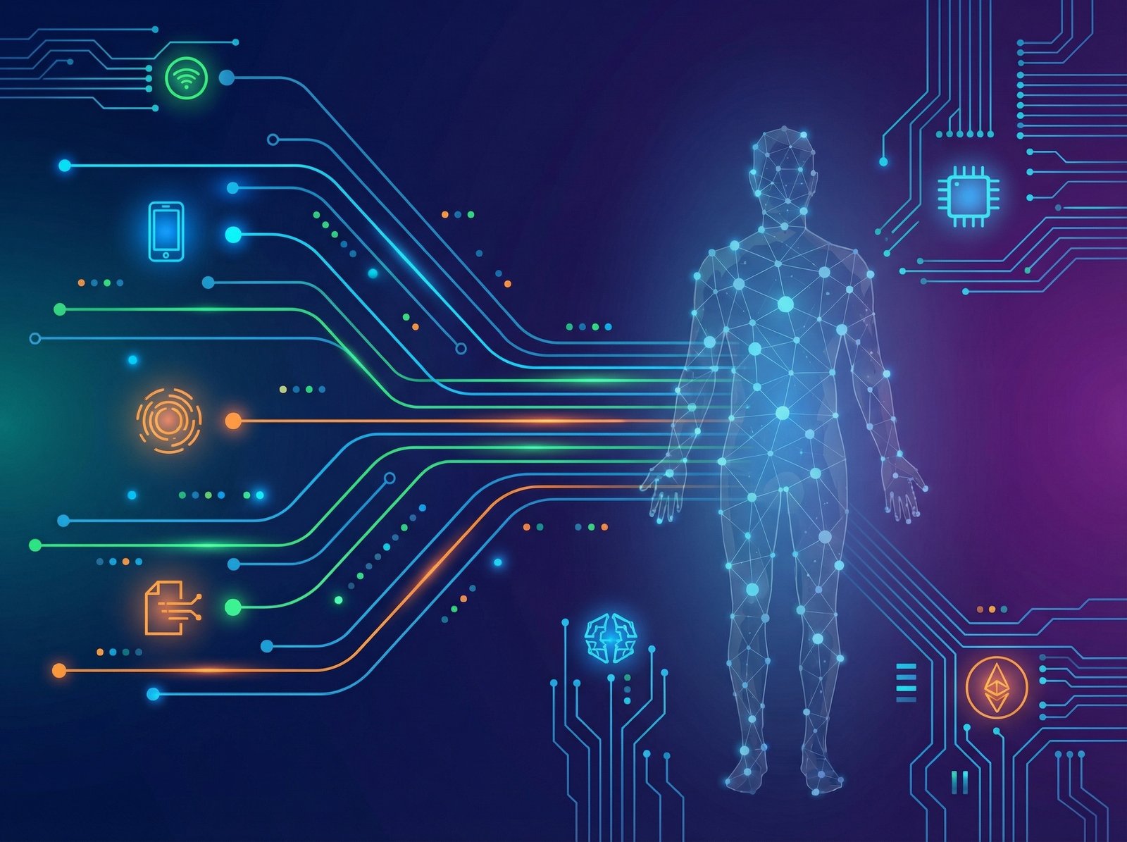 Abstract data streams and lines coalescing into a faint human silhouette, representing digital identity and data collection. The style is informational, modern layout, high contrast, no visible text, 4:3 aspect ratio, colored background.