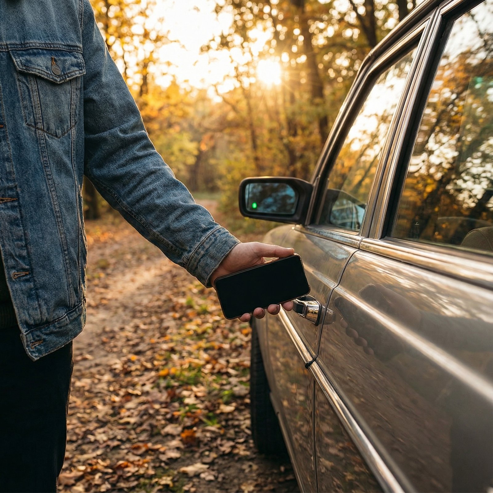 A person discreetly tapping a seemingly dead iPhone against a car door handle to unlock it, illustrating the power reserve feature. Lifestyle photography, warm lighting, natural setting. Aspect ratio 1:1. No visible text.